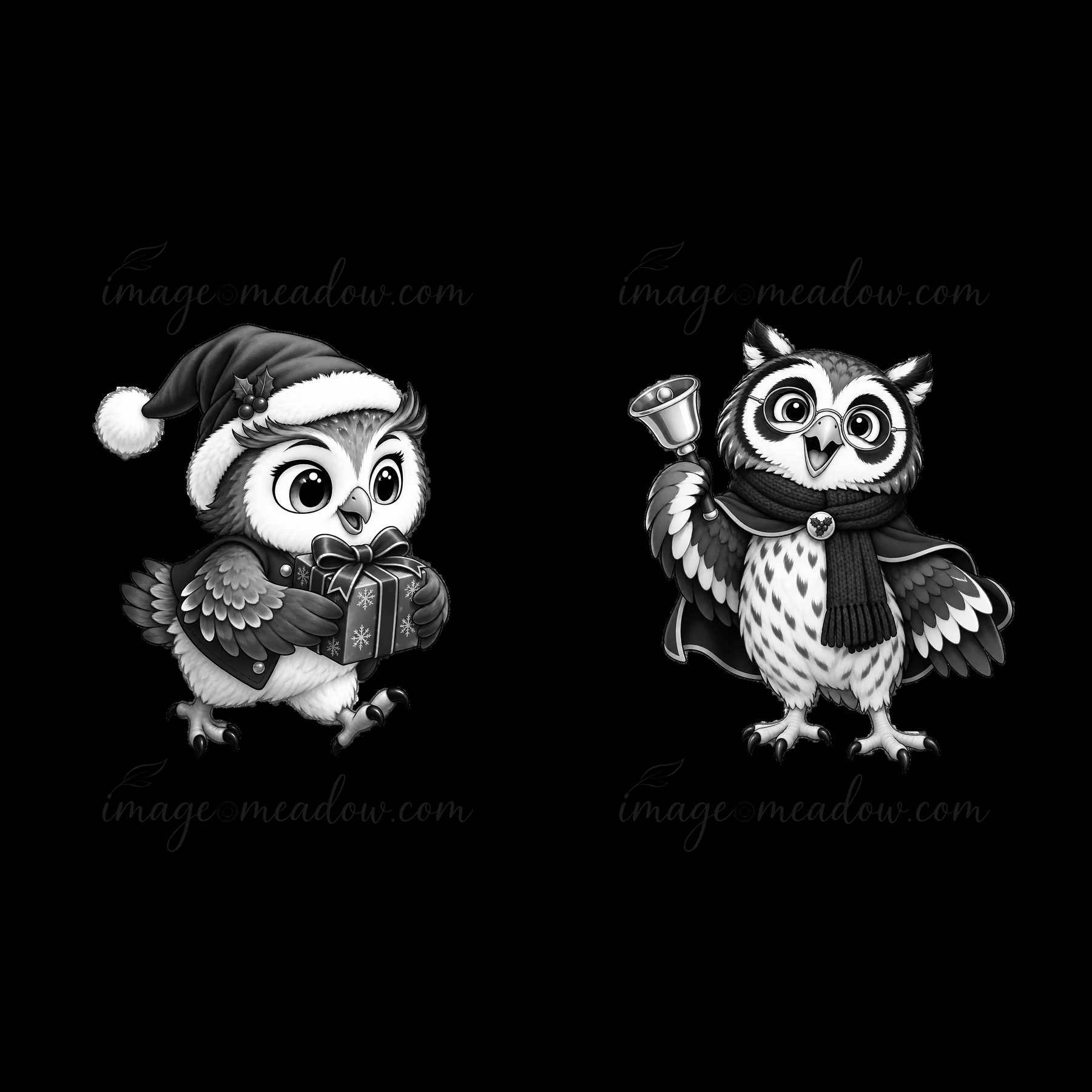 Two cartoon owls are celebrating Christmas. One owl wears a Santa hat and holds a gift, while the other has a bell. Both owls are monochrome, showcasing holiday