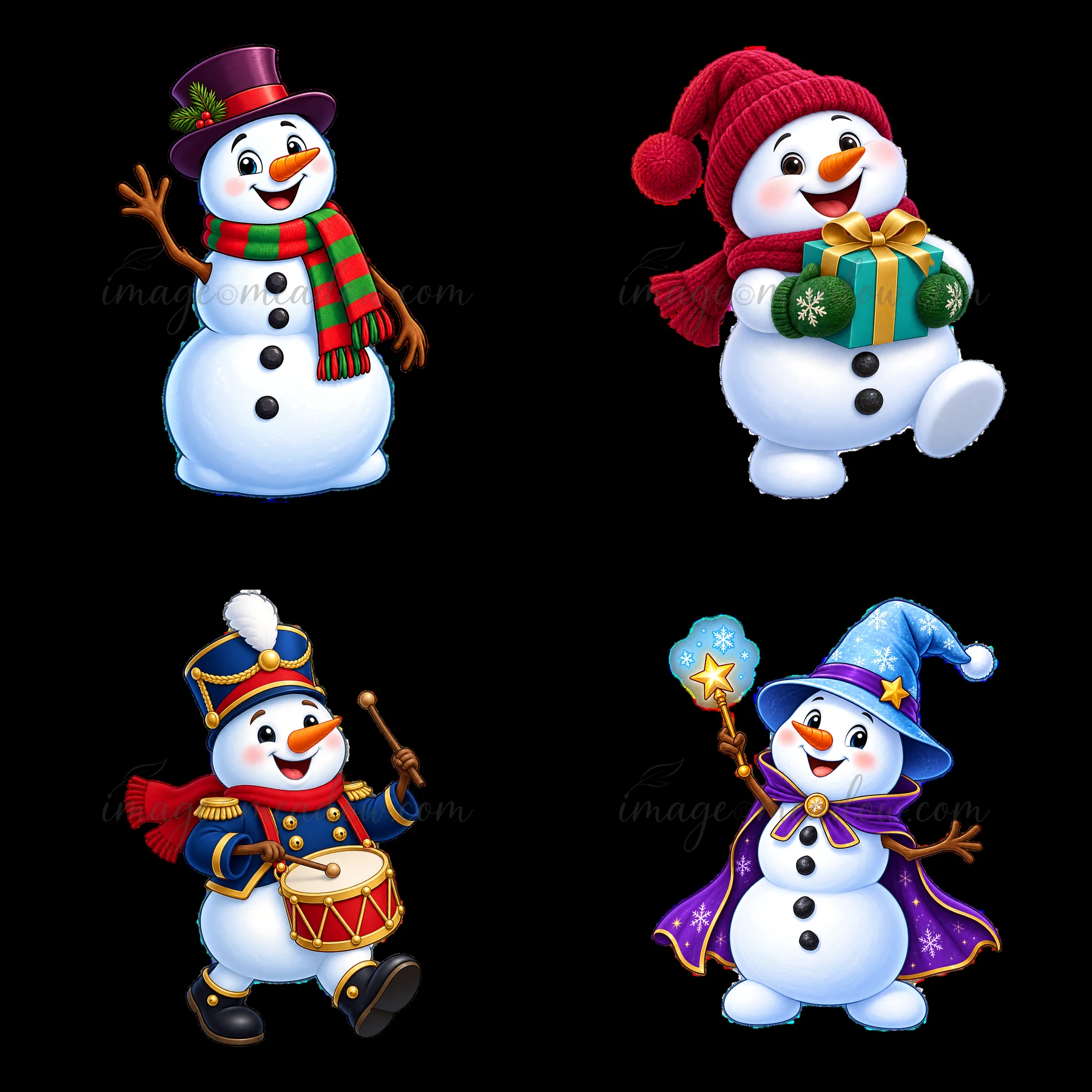 Four cartoon snowmen display different festive accessories. One waves, another holds a gift, a third plays a drum, and the last wields a wand. Colors include wh