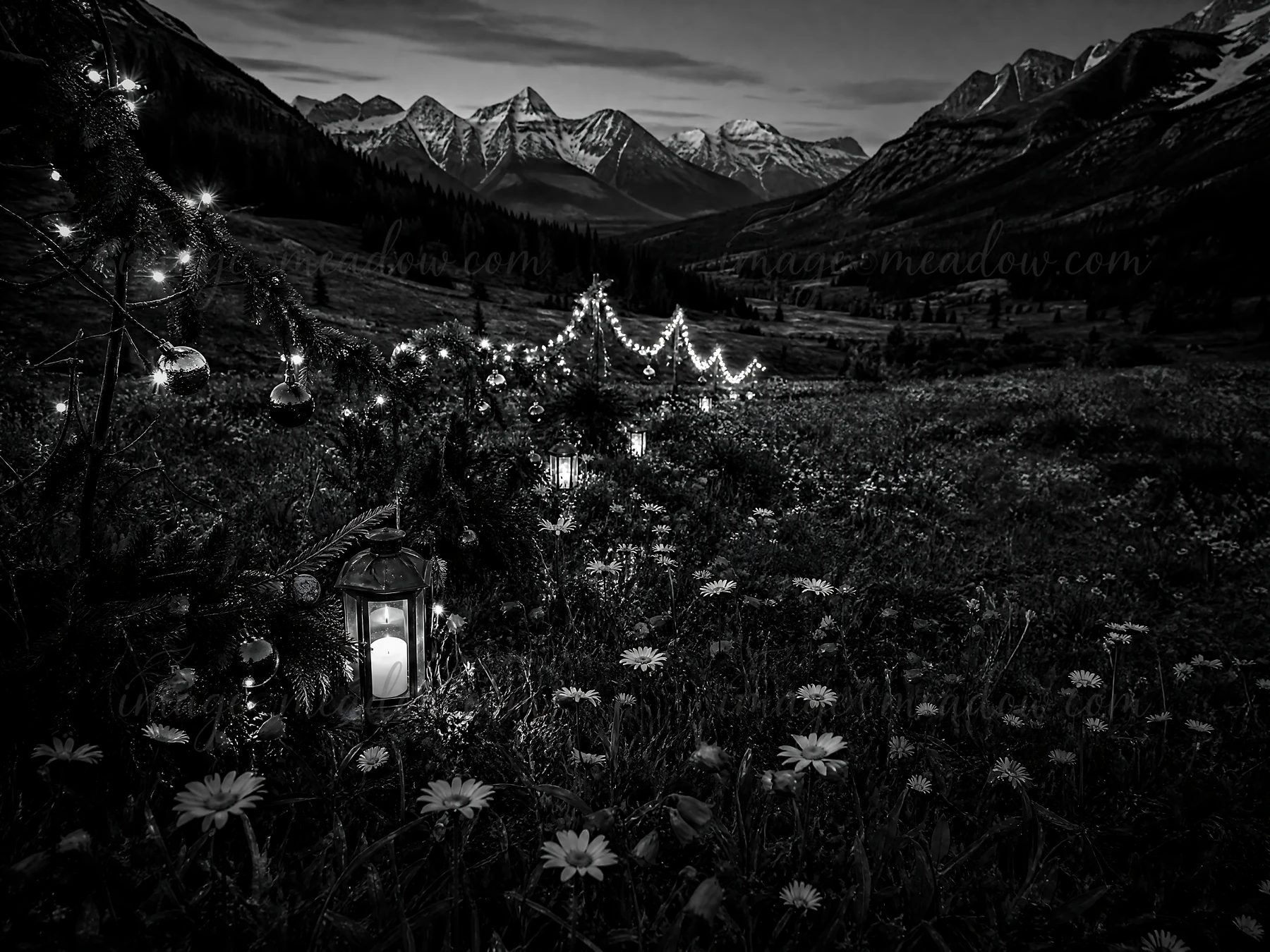 String lights illuminate a mountain valley meadow during dusk. The area features flowers and a lantern among the scenery. Snow-capped mountains rise in the back