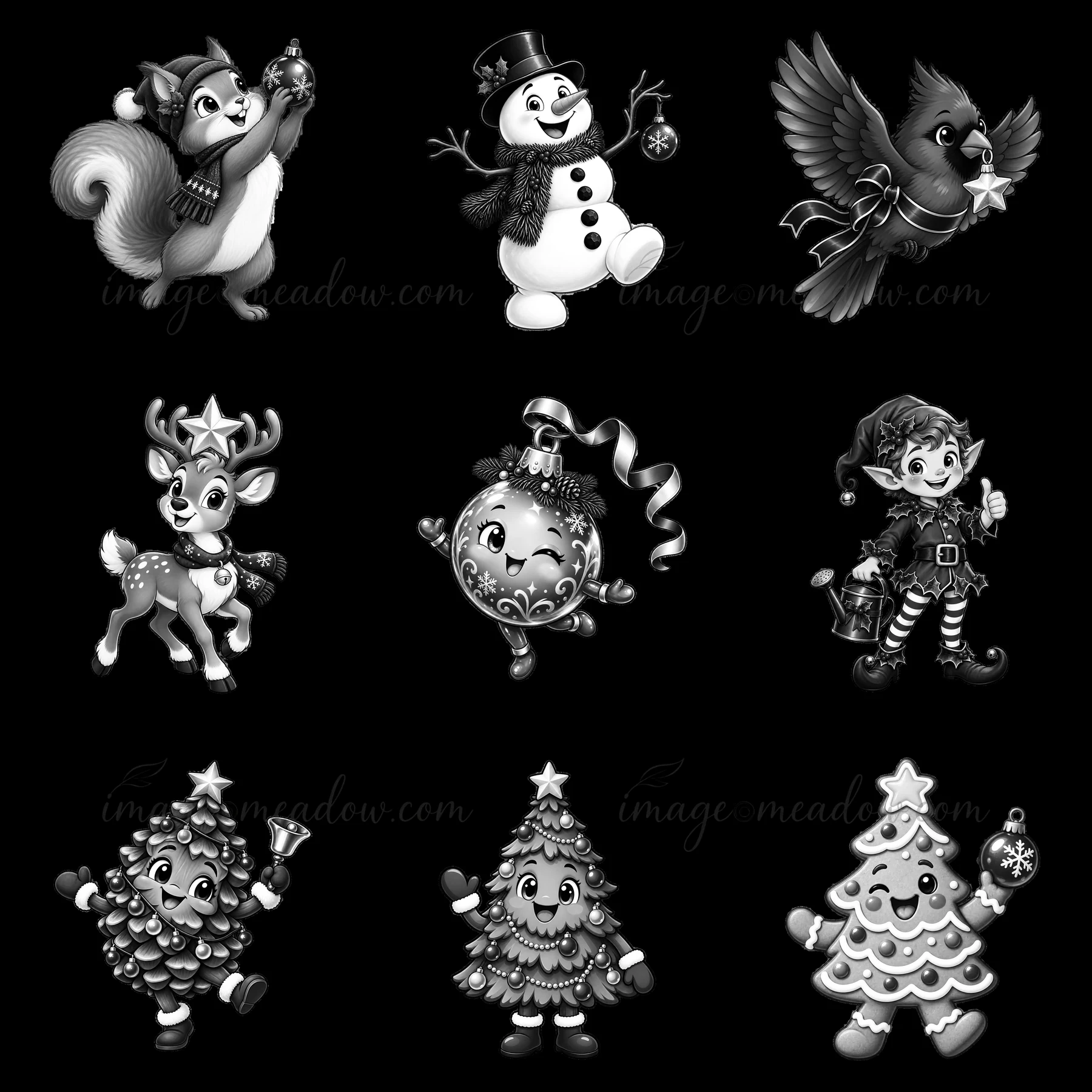 A collection of cartoon characters celebrating Christmas. The design includes a squirrel, a snowman, a cardinal, a reindeer, an ornament, a cheerful elf, and tw