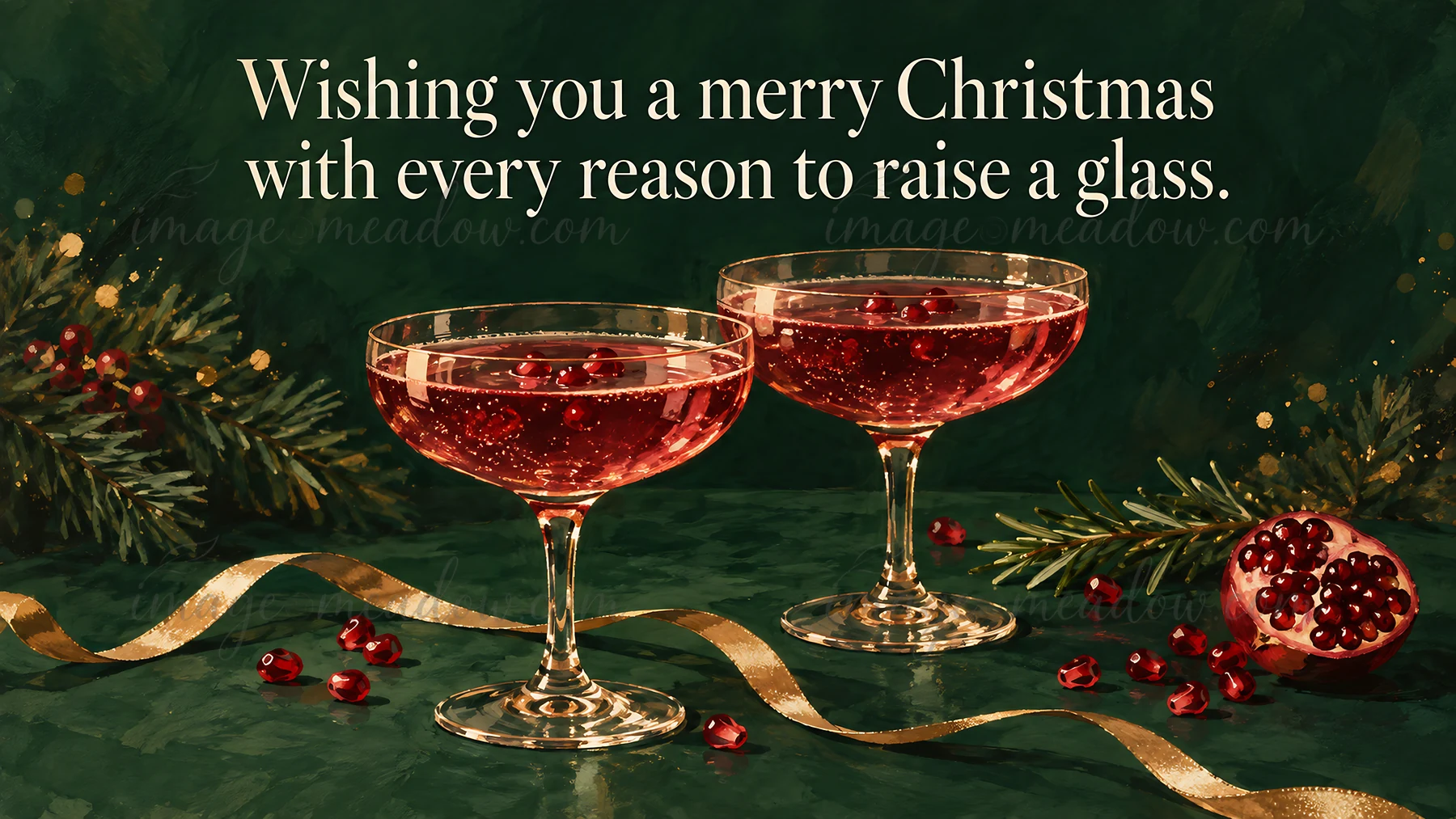 Painterly Christmas greeting with cream lettering above two coupe glasses of red sparkling drink, evergreen branches, scattered berries, a halved pomegranate, a