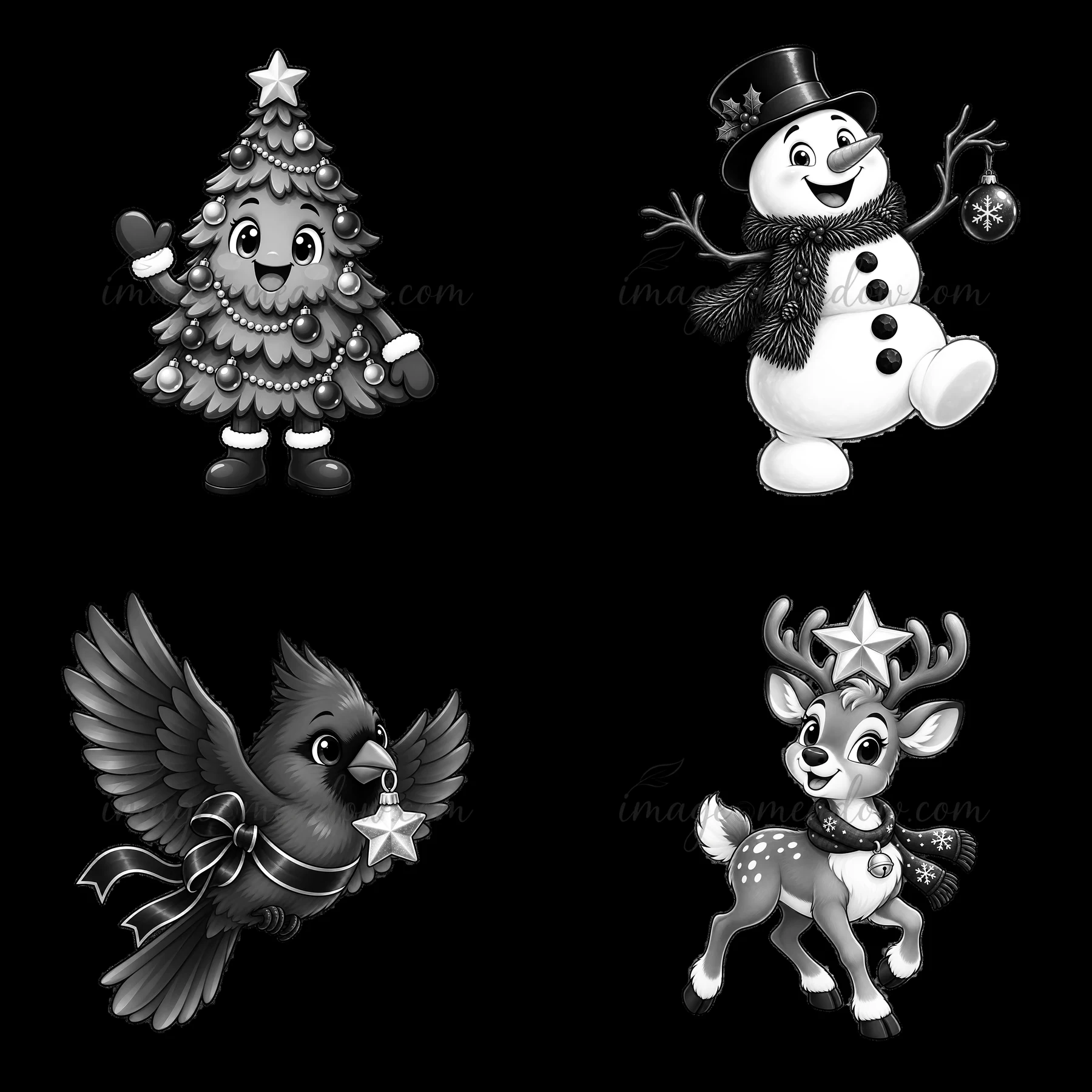 A cartoon-style illustration featuring a Christmas tree character, a snowman holding a bauble, a cardinal carrying a star, and a reindeer wearing a scarf. The s
