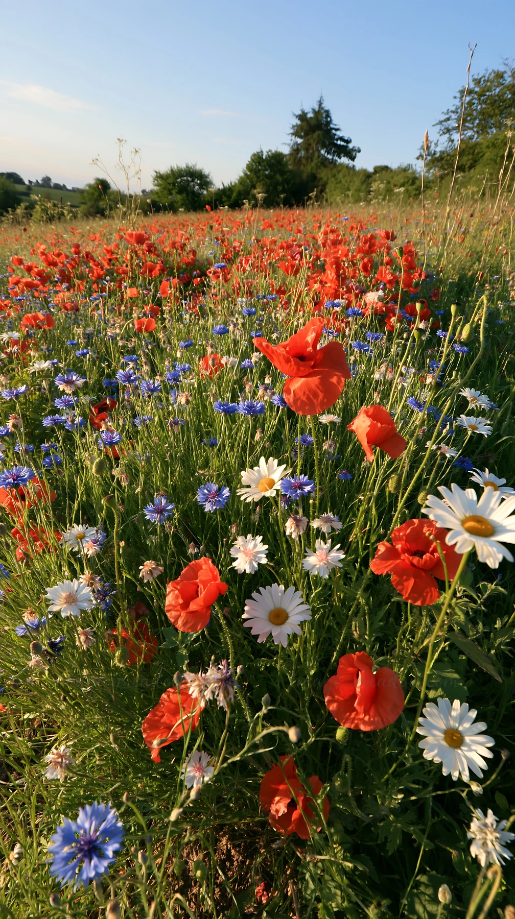 A Christmas tree stands in a meadow filled with colorful flowers. The bright sky stretches above the landscape, creating a joyful setting. This scene captures t