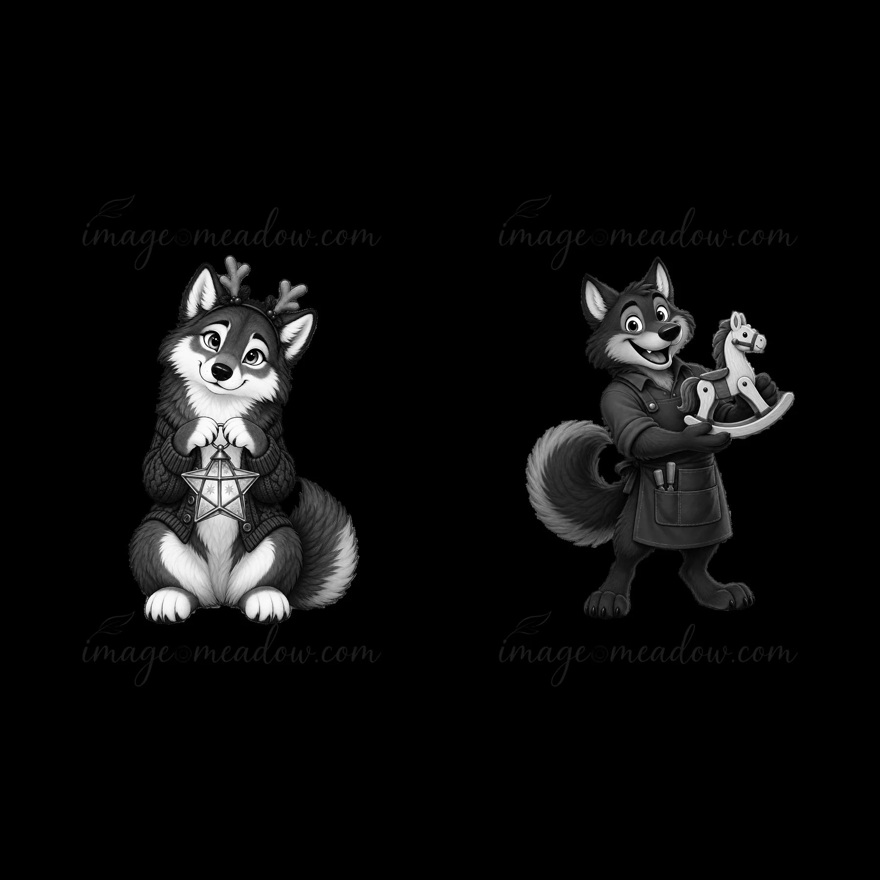 Two cartoon wolves are featured. The first wolf wears antlers and holds a star decoration. The second wolf wears an apron and shows various tools. Both are set