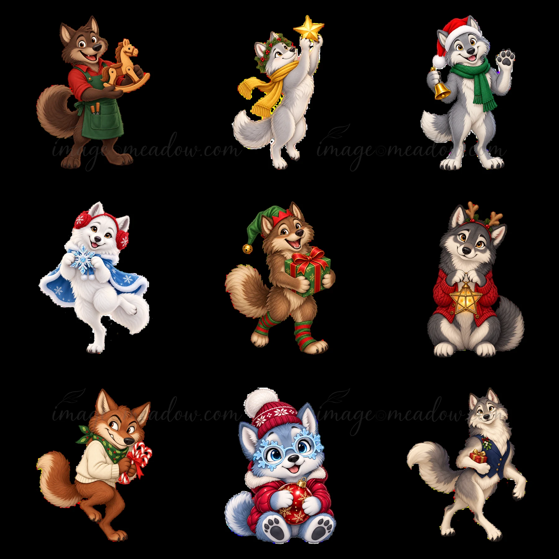 Nine cartoon wolves celebrate Christmas with gifts, ornaments, and decorations. Each wolf displays festive clothing and activities. The design is colorful with