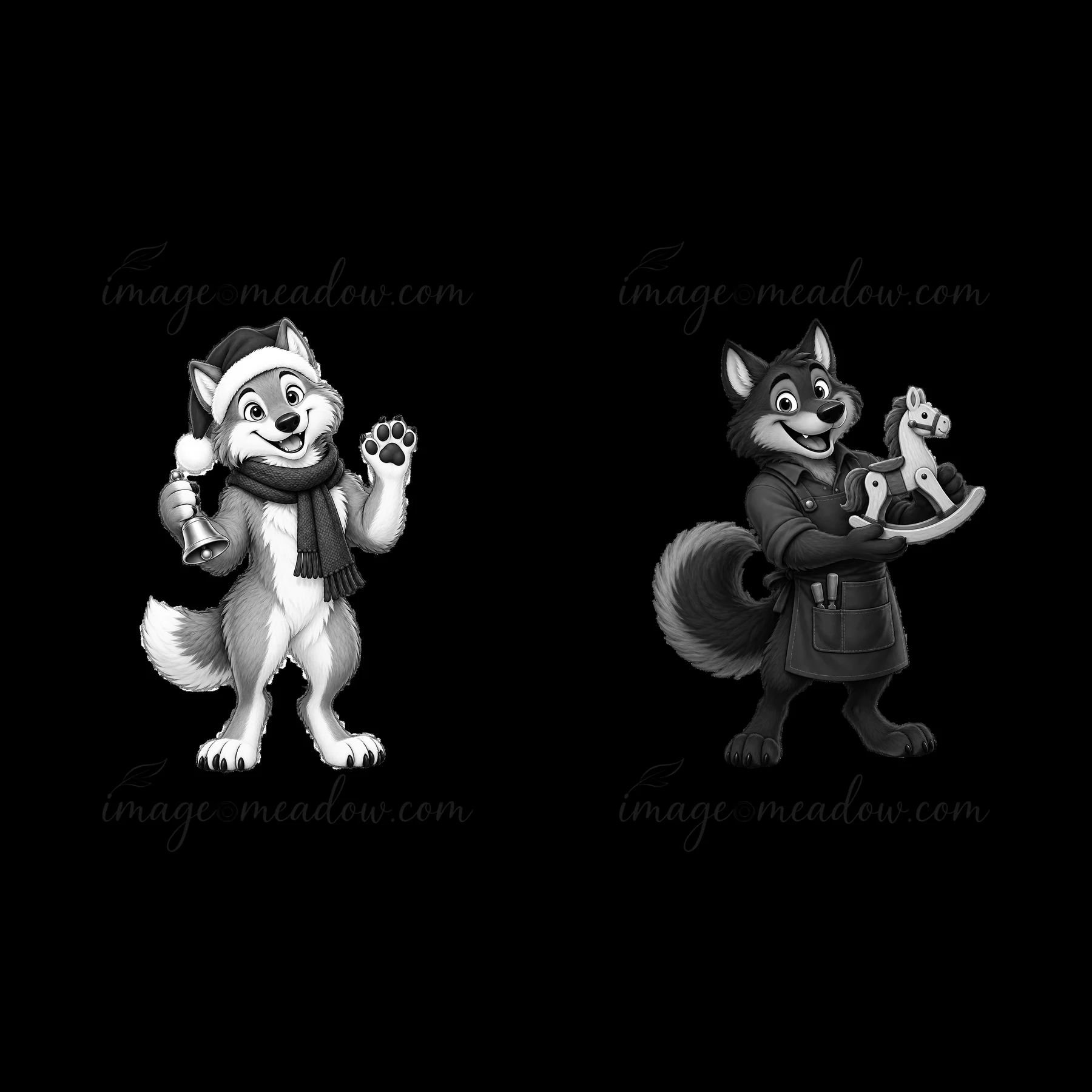 Two cartoon wolves are celebrating Christmas. One is wearing a Santa hat and scarf while holding a candy cane. The other is dressed in an apron and holding tool