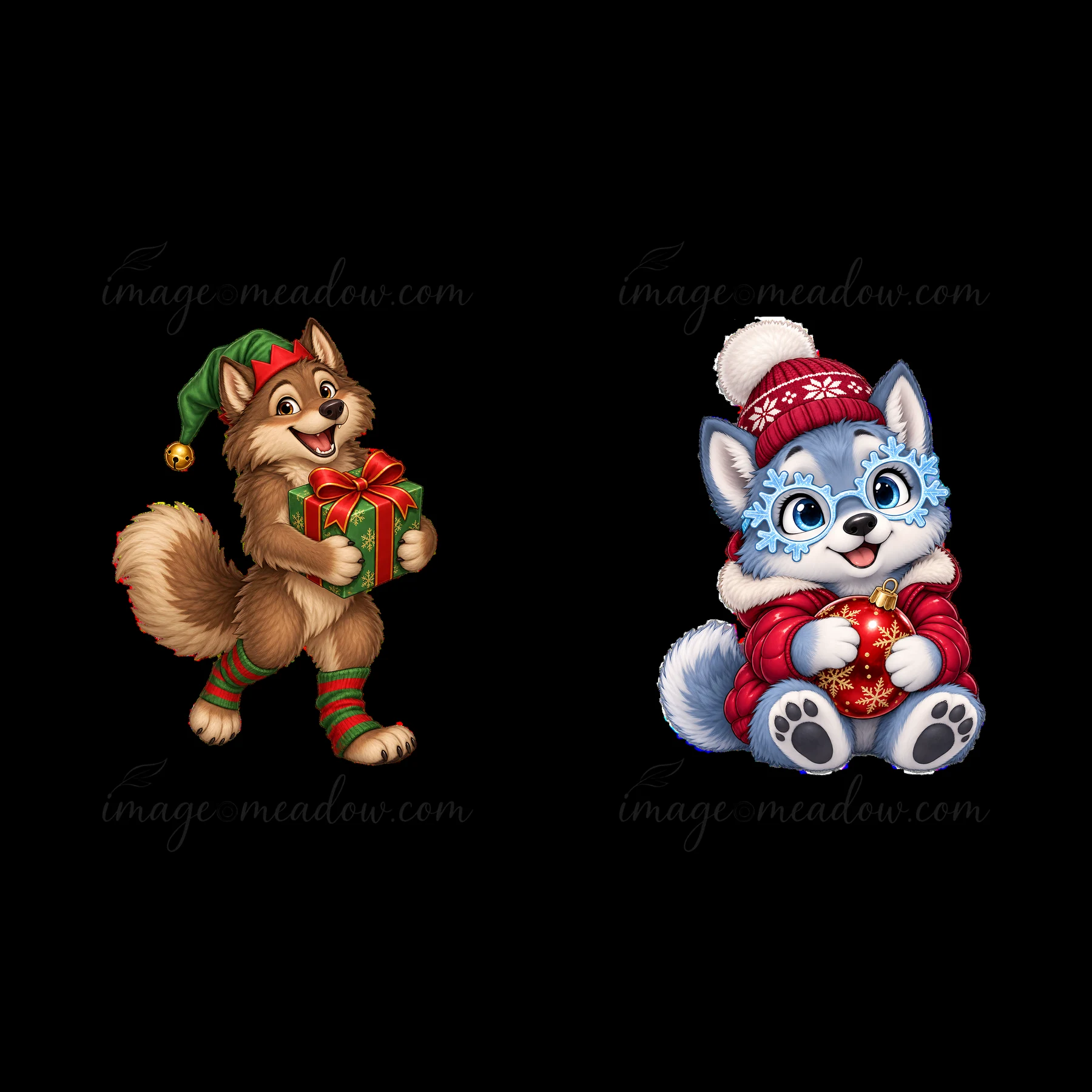 Two cartoon wolves celebrate Christmas. One wolf carries a wrapped gift with a red ribbon. The other wolf sits with a red sweater and holds a decorated ornament