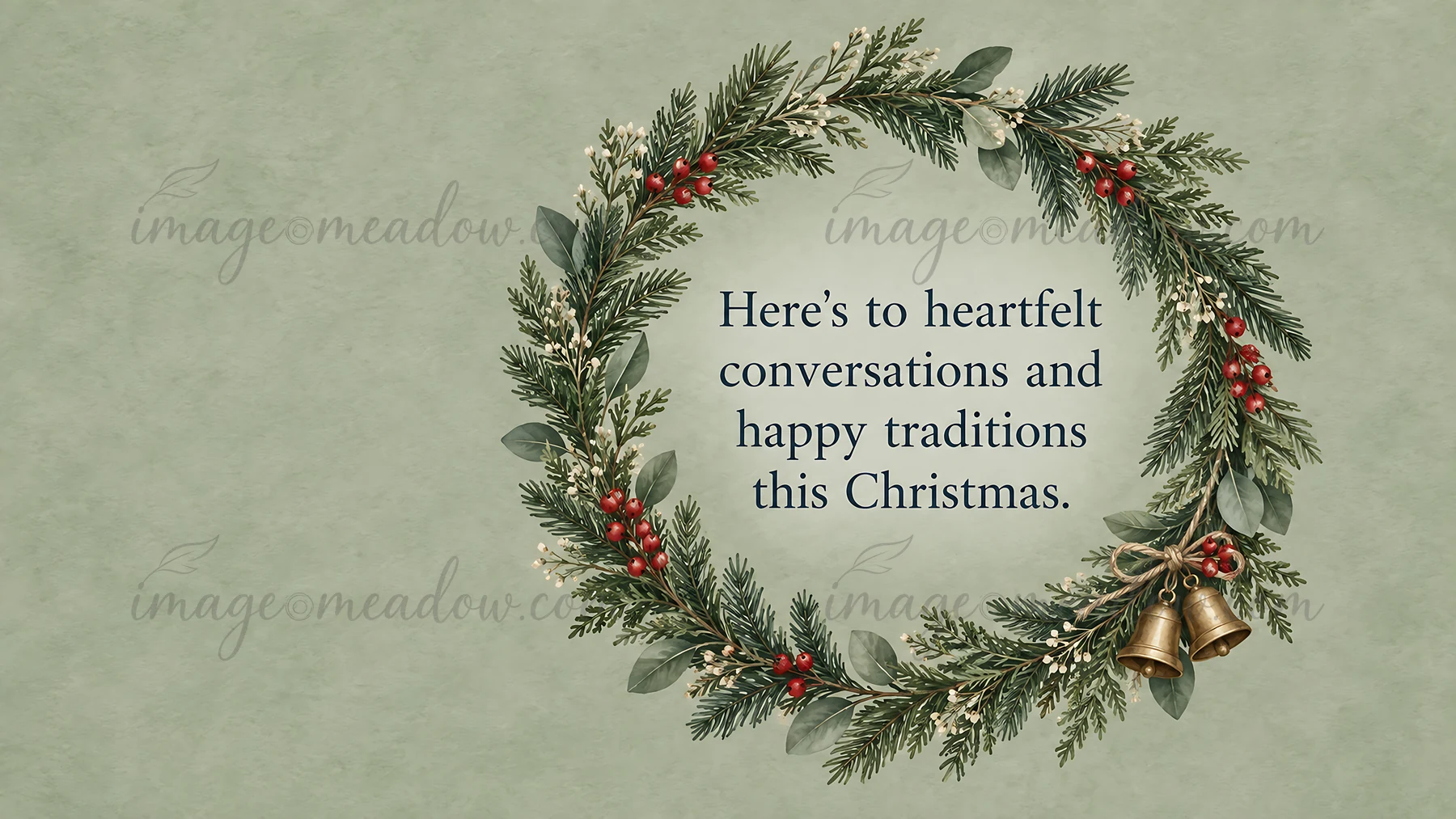 An evergreen wreath decorated with red berries, pale foliage and hanging brass bells frames a heartfelt Christmas greeting on a muted sage green textured backgr