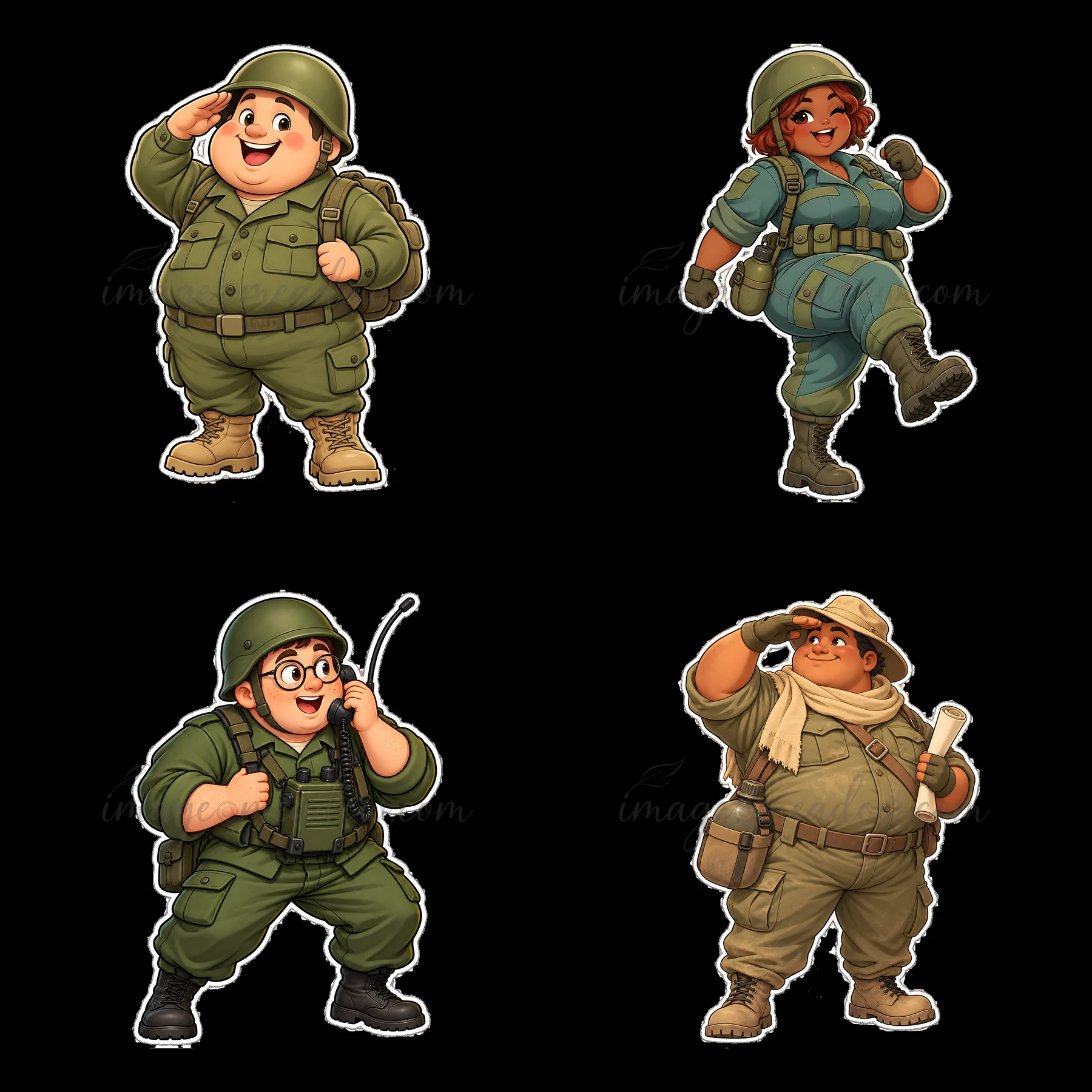 Four cute and ultra-chubby soldiers display different poses and uniforms. One salutes, another stands with hands on hips, a third holds a radio, and the last sa