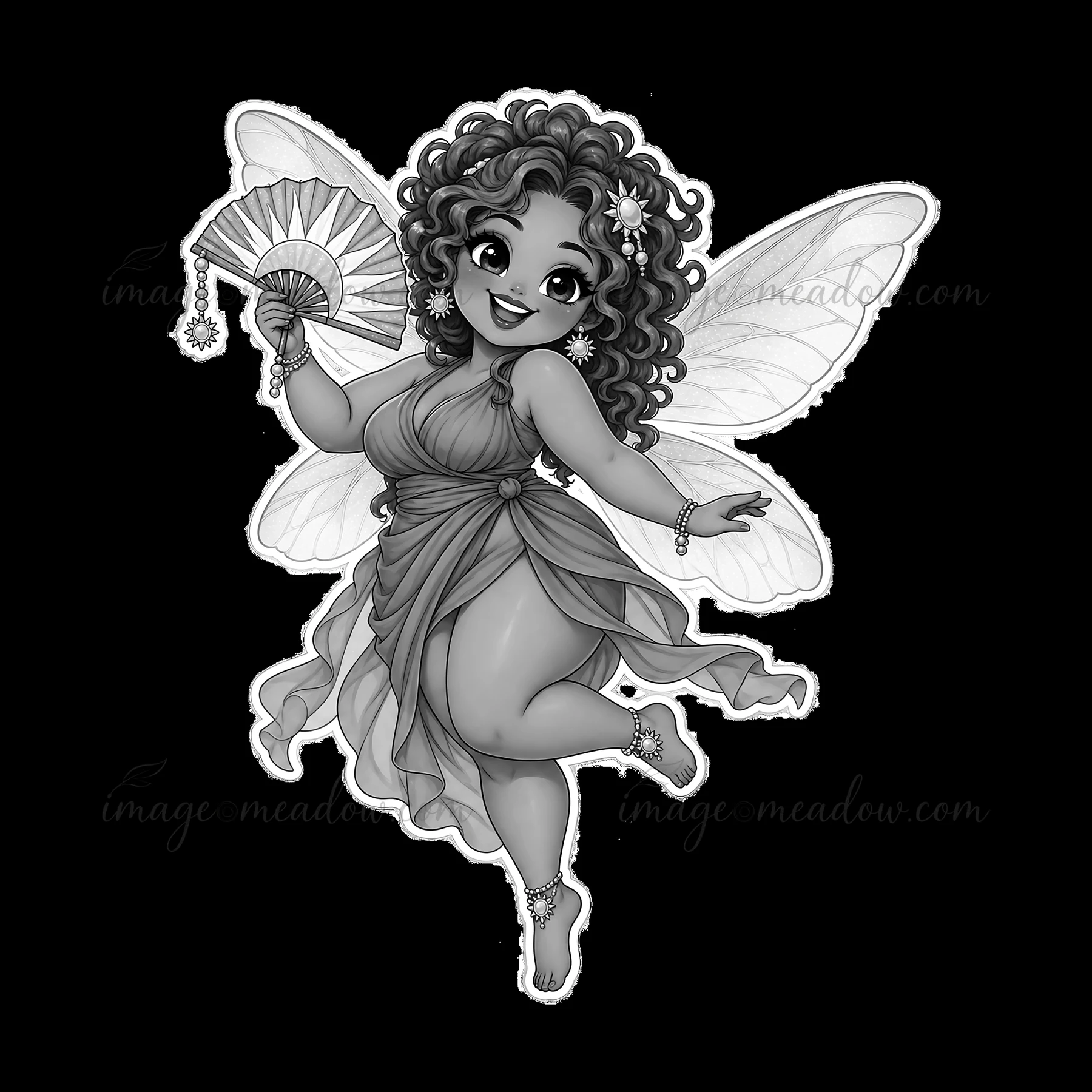 A chubby fairy character smiles while holding a fan. She has curly hair and delicate wings. The fairy wears a flowing outfit and is posed joyfully with one foot
