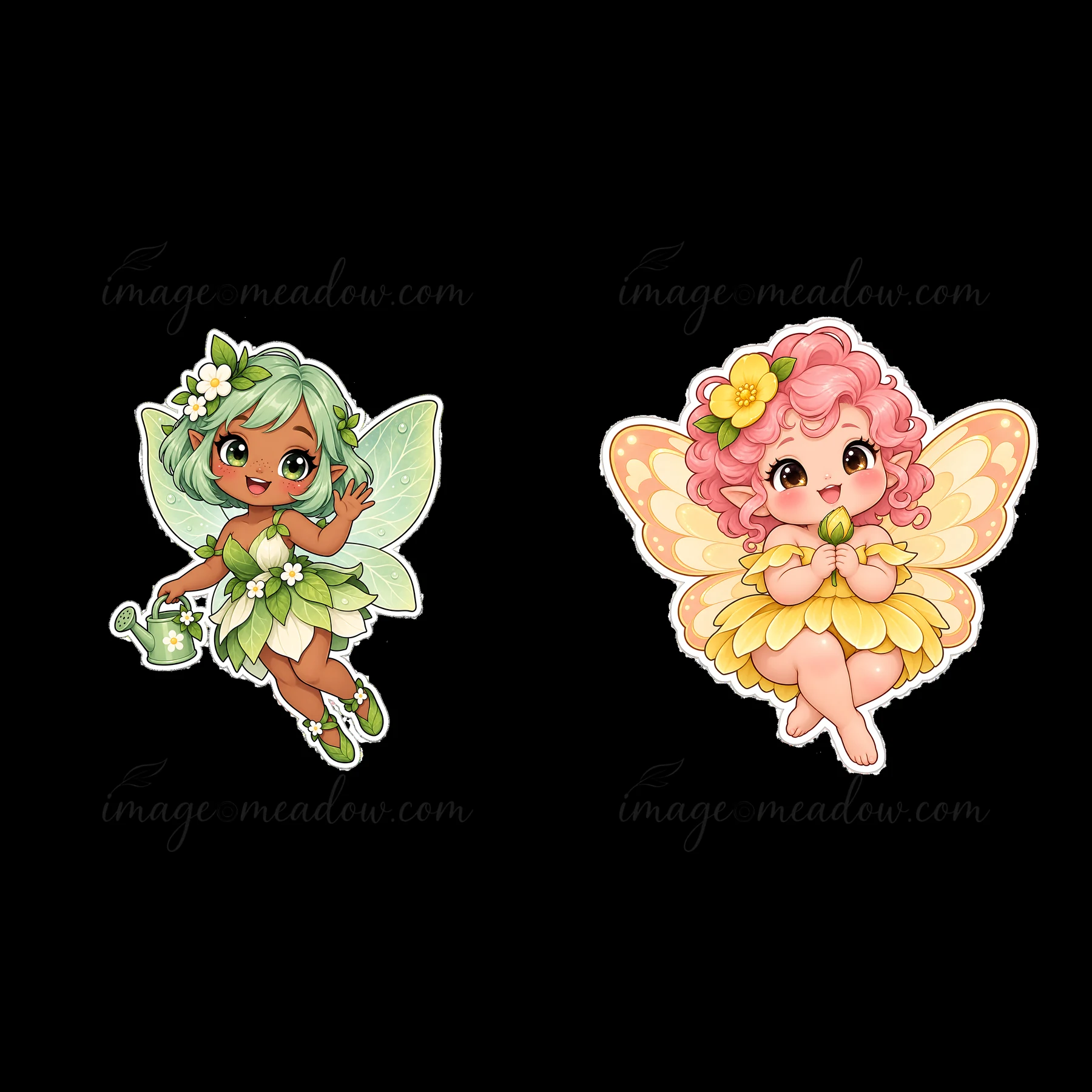 Two cute chubby fairies stand side by side. One has green hair and holds a watering can, while the other has pink hair and smiles. Both are adorned with flowers
