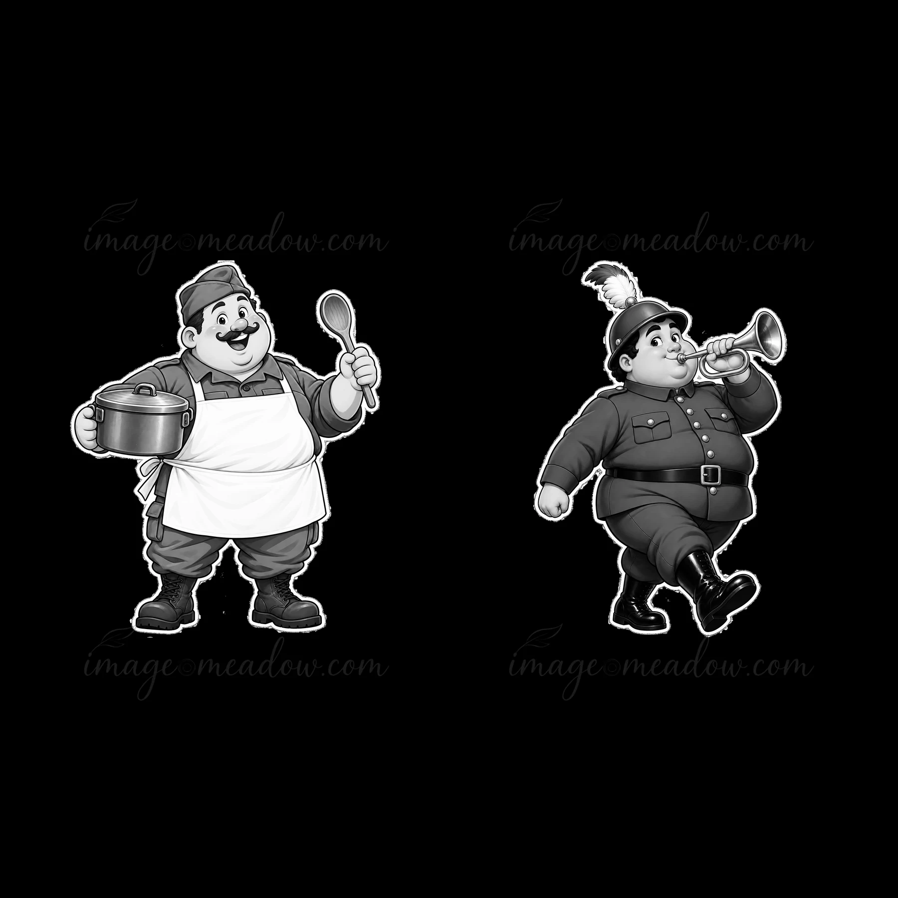 Two cute, ultra-chubby characters stand side by side. On the left, a soldier holds a spoon and pot, while on the right, another soldier walks with a trumpet. Ea