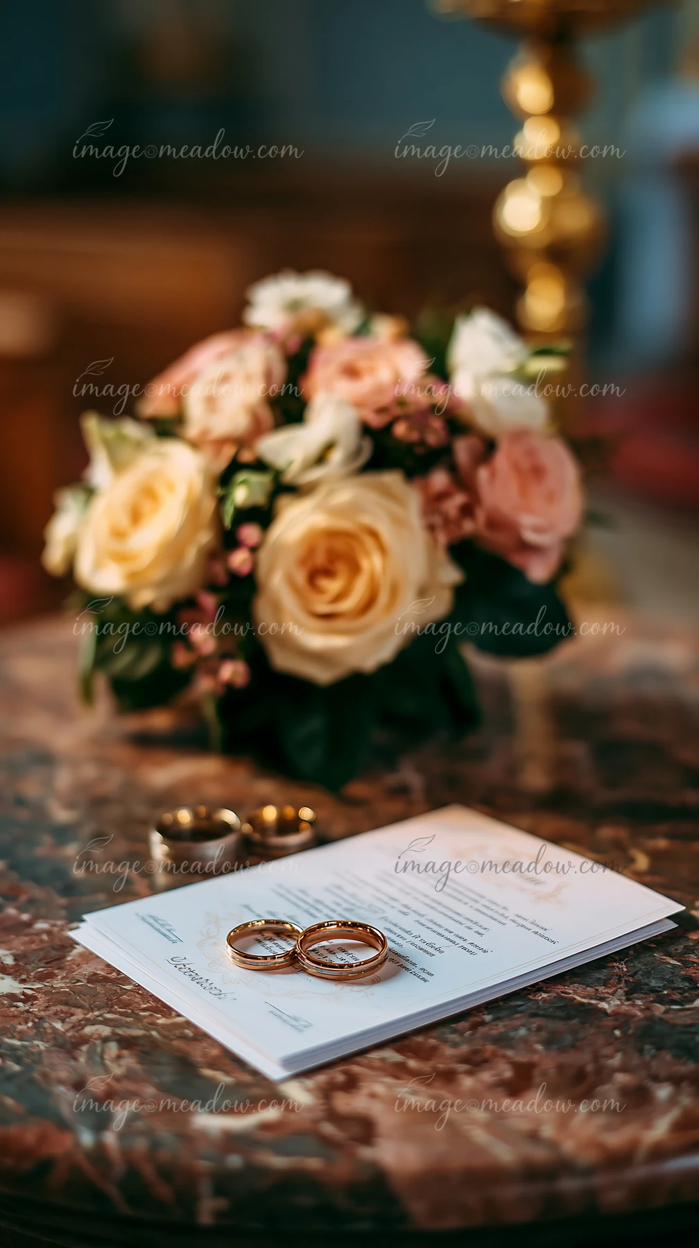 Church wedding invitation beside gold rings and a floral bouquet on a marble table.