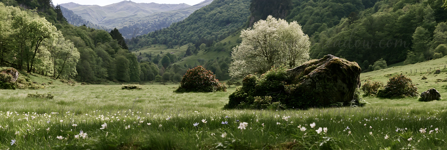 A large meadow filled with green grass, wildflowers, and trees. Rocky formations are scattered throughout. The backdrop features mountains under clear skies, in