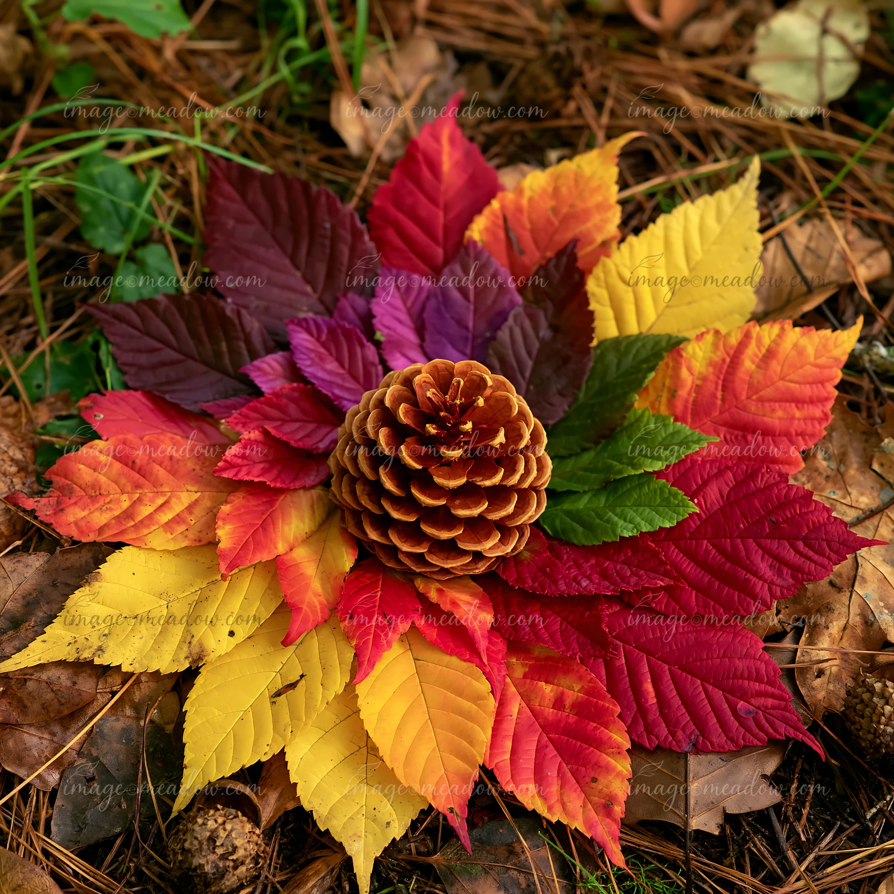 Colorful autumn leaves arranged in spiral with a pine cone in the middle create a natural art piece on the forest floor.