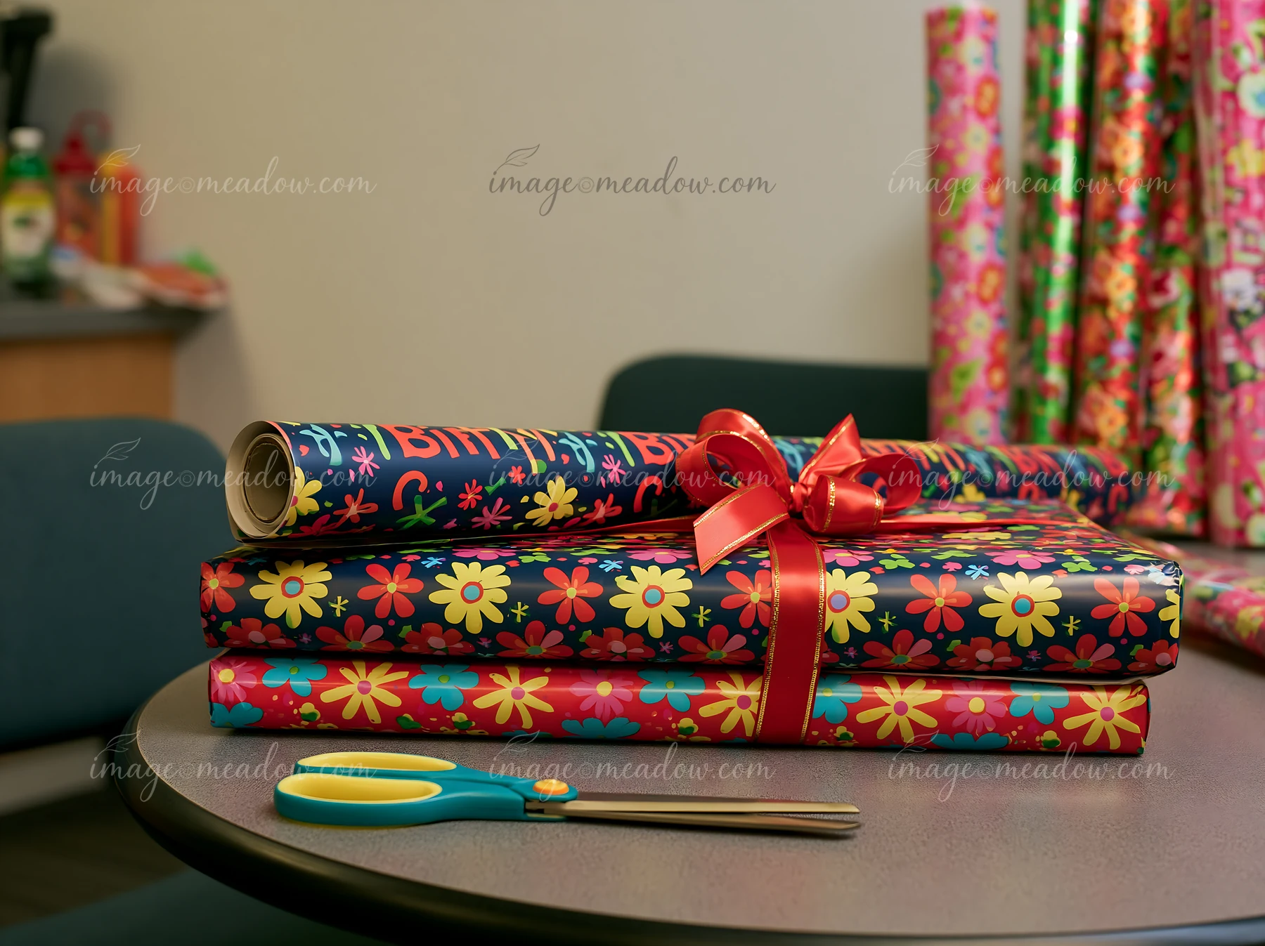 Colorful birthday wrapping paper sits on a table with scissors nearby.