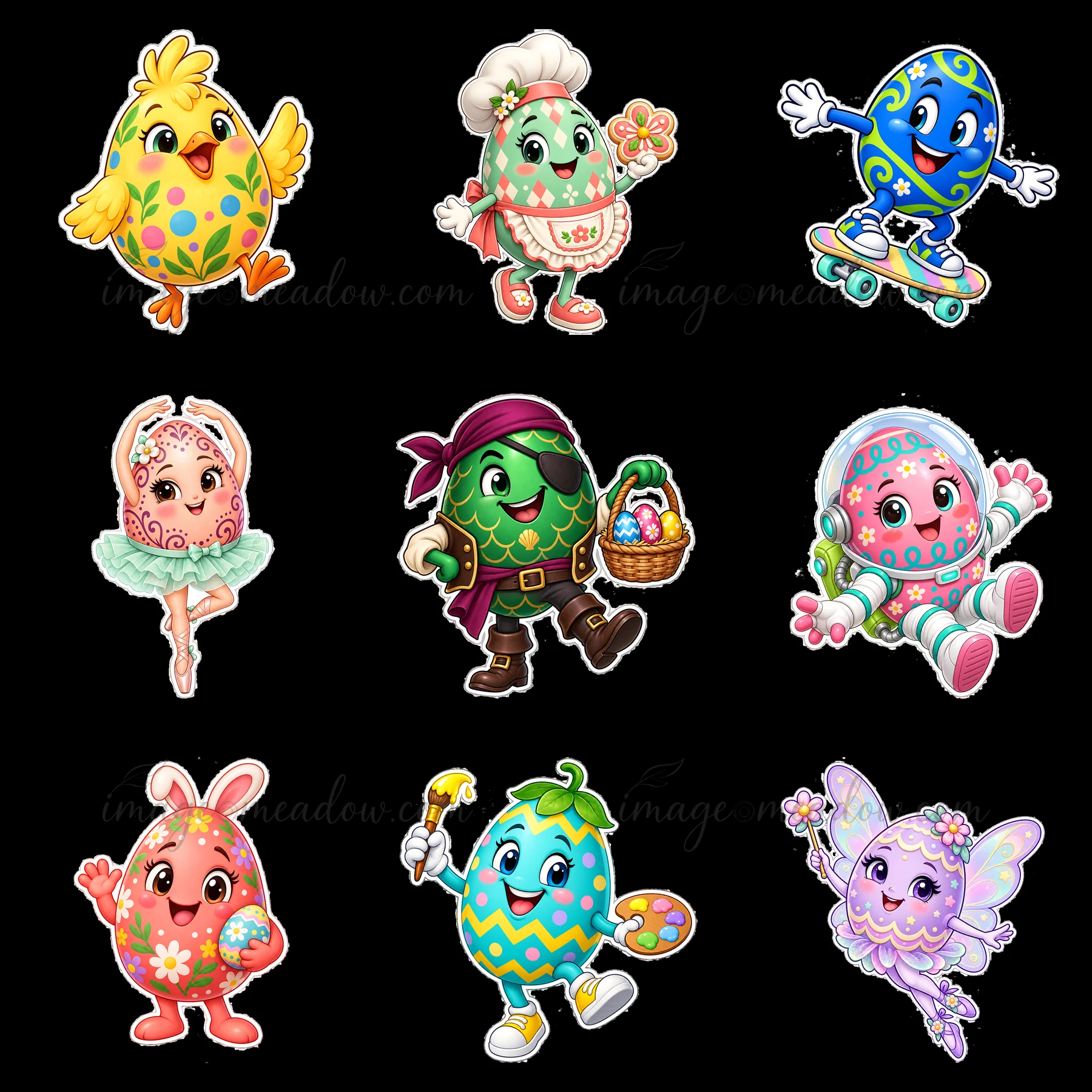 Cartoon characters celebrate Easter with colorful designs. There is a chick, an egg in a chef hat, a blue egg on a skateboard, a pirate egg, a fairy, a bunny, a