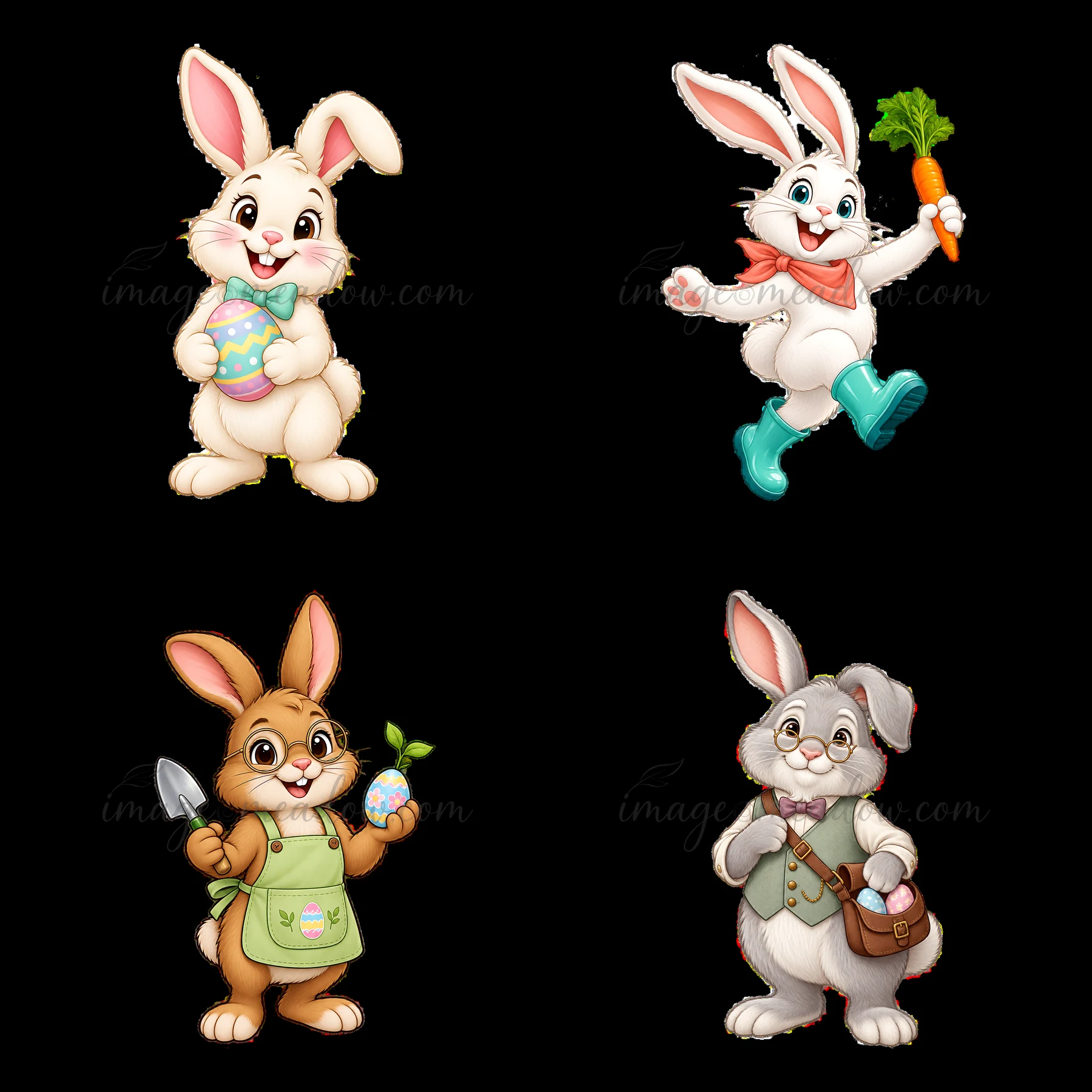 Four cartoon Easter bunnies are depicted in a 2x2 layout. Each bunny has distinct colors and accessories. One holds an egg, another carries a carrot, while othe