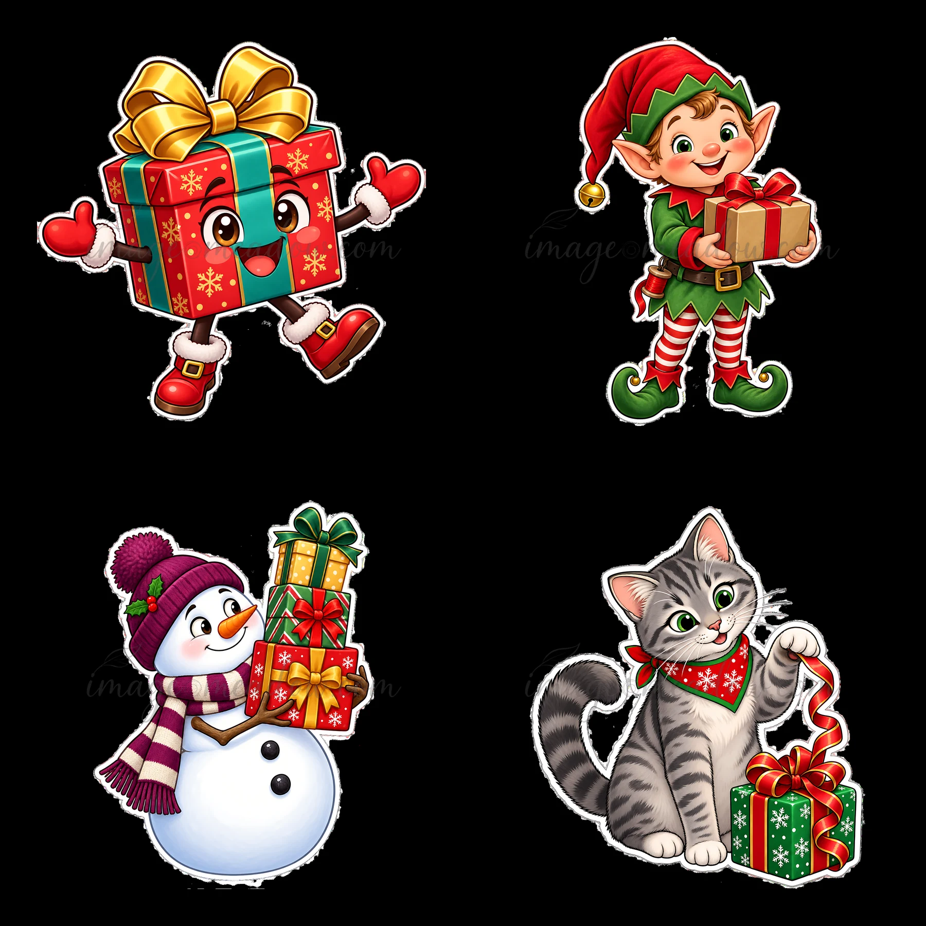 Four festive cartoon stickers show a gift box character, an elf, a snowman, and a cat all holding presents. Each character has bright colors and festive accesso