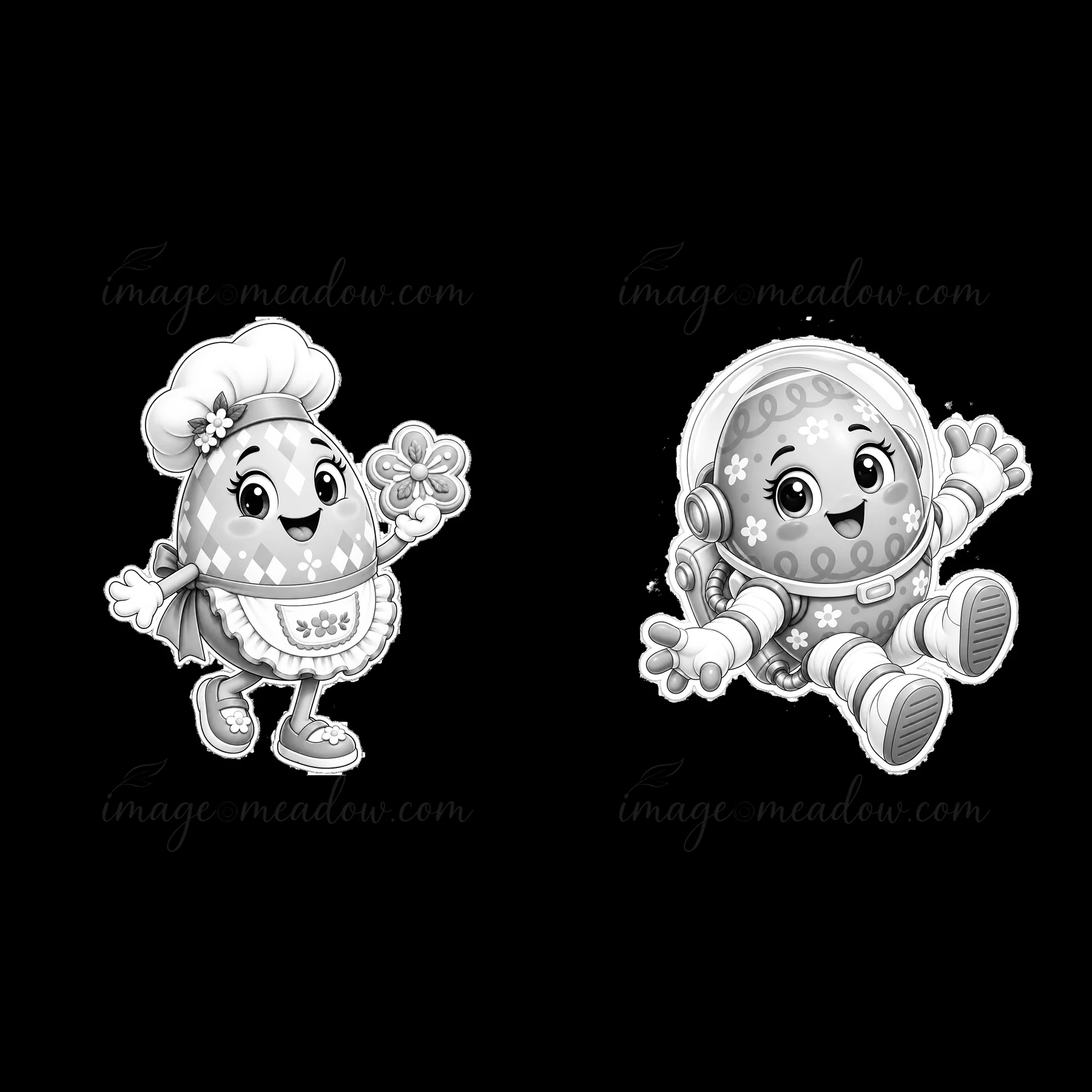 Two cheerful cartoon Easter egg characters are having fun. One wears a chef hat and holds a flower, while the other wears a helmet and smiles brightly. They sho