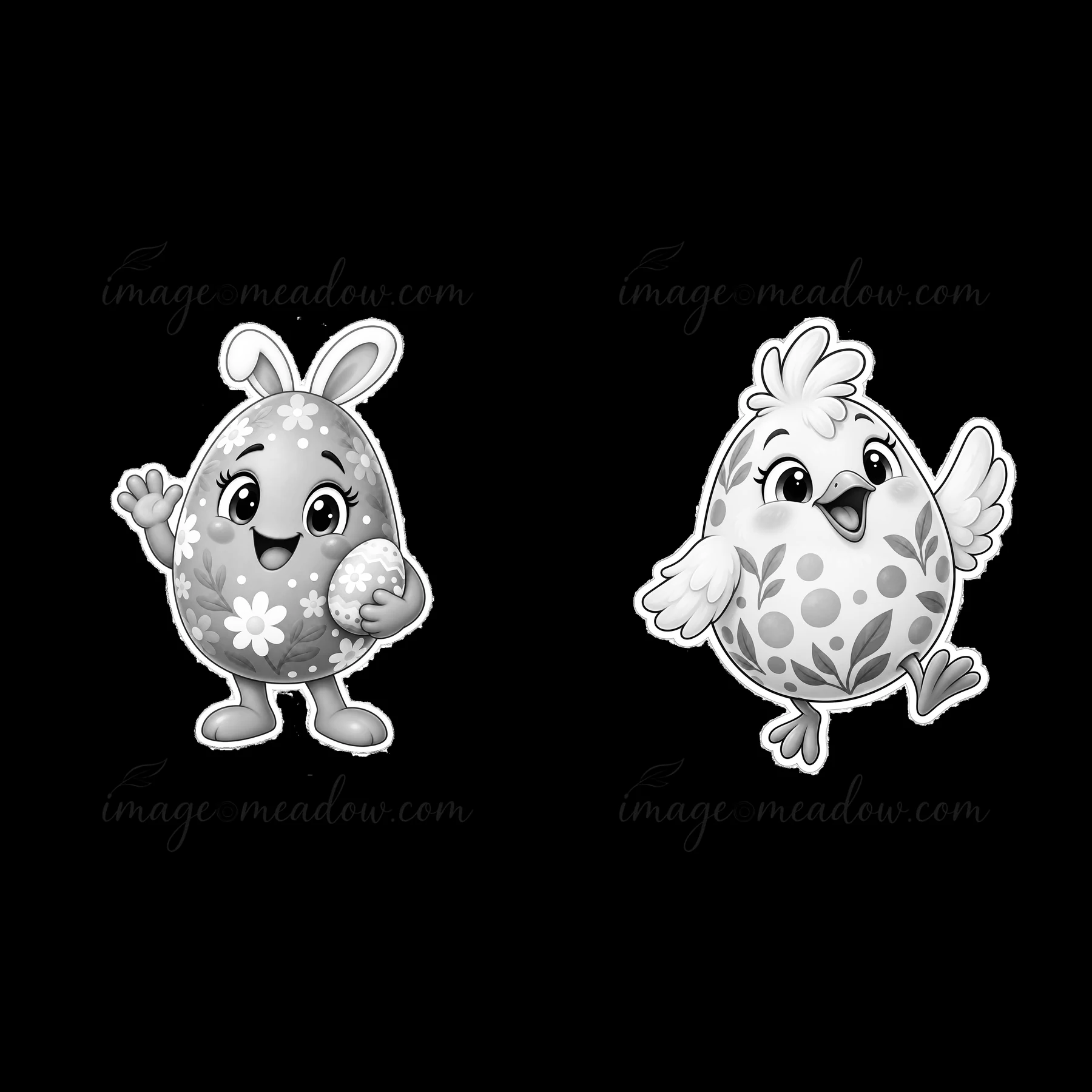 Two cartoon stickers feature a character holding an Easter egg on one side and a cheerful bird on the other. The design is suitable for spring themes and Easter