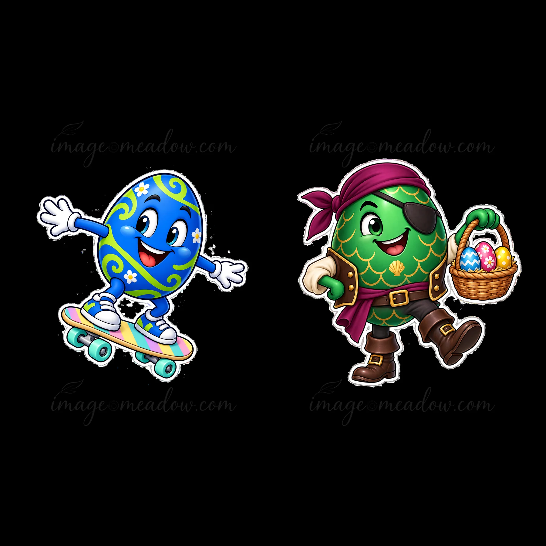 Two cartoon Easter eggs are featured. One egg skateboards with a cheerful expression, while the other egg wears a pirate outfit and carries a basket filled with