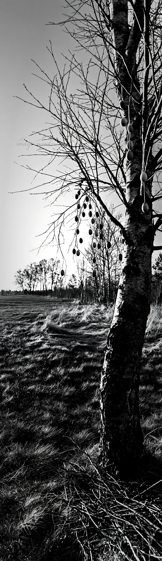 A tree in a meadow during Easter. The tree has colorful eggs hanging from bare branches. The background features a grassy field and distant trees.