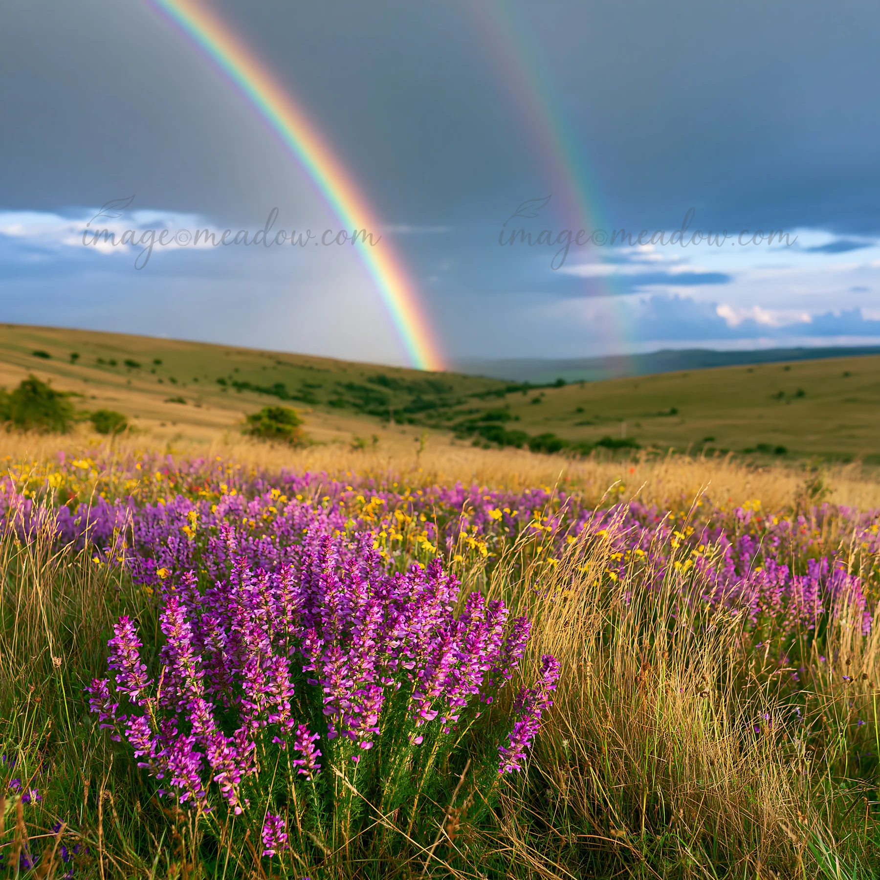 Lavender flowers bloom in a meadow with green hills in the background. A rainbow arches across the gray sky after rain. The scene captures the beauty of nature