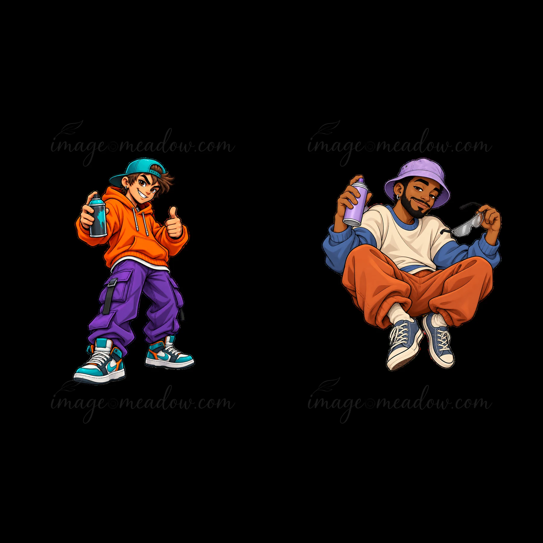 Two cartoon characters are shown in vibrant urban clothing. One sprays graffiti while the other enjoys the moment, holding sunglasses. Their colors and styles r