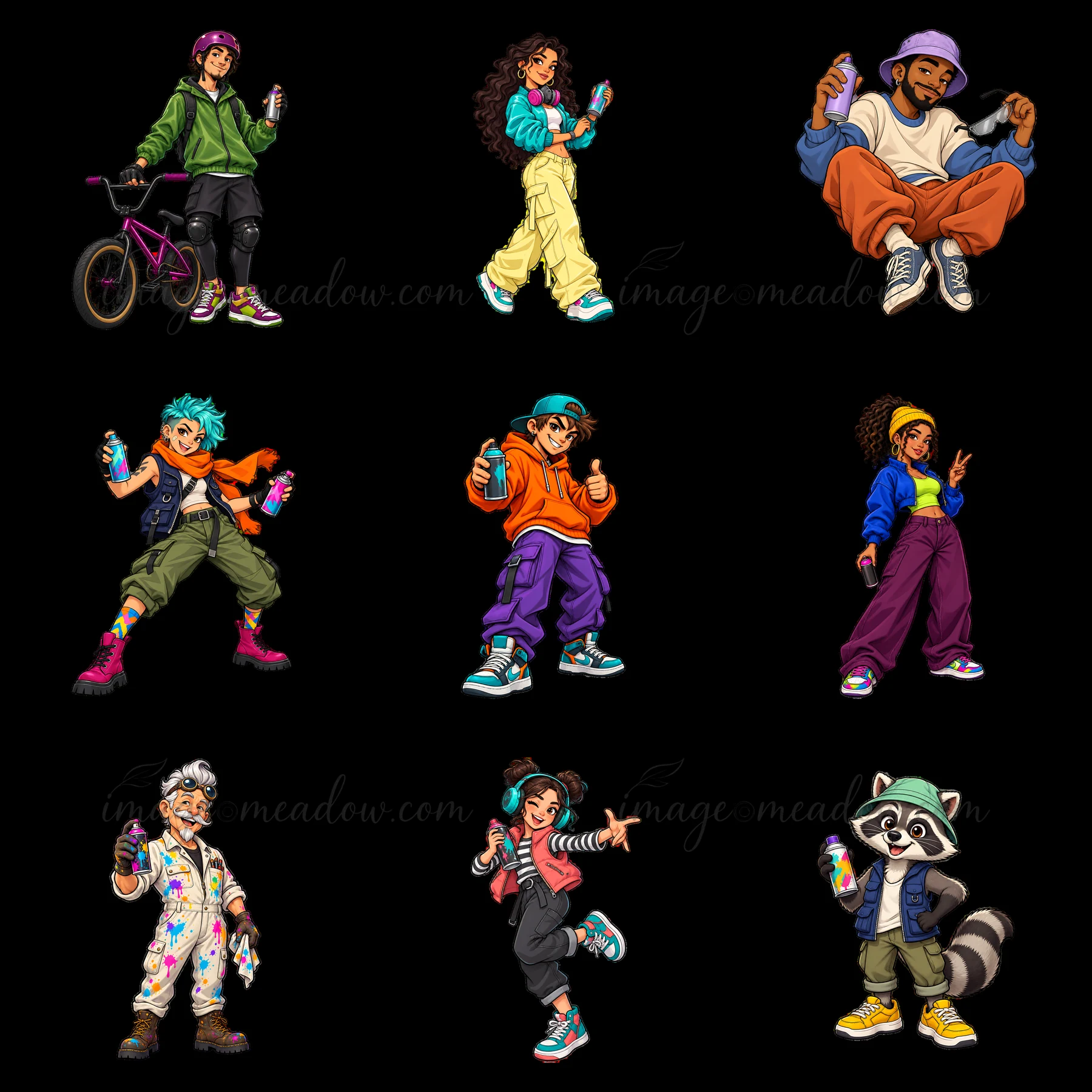 A diverse group of cool graffiti sprayers is shown in a 3x3 grid. Each character holds spray cans while showcasing different styles and colors. The illustration