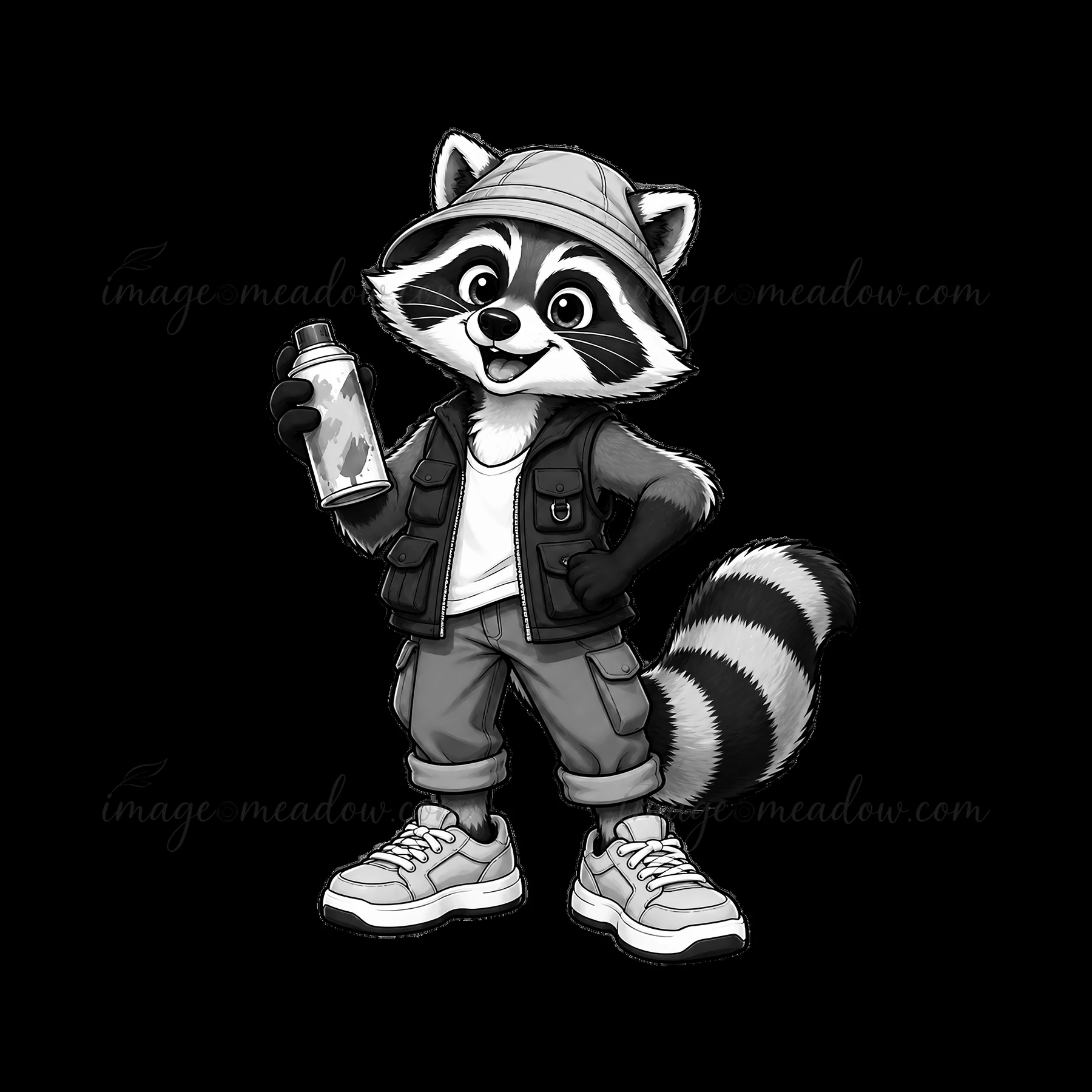A raccoon character stands confidently holding a spray can. It wears a hoodie, vest, and sneakers, showcasing its urban style. This cartoon adds a playful touch