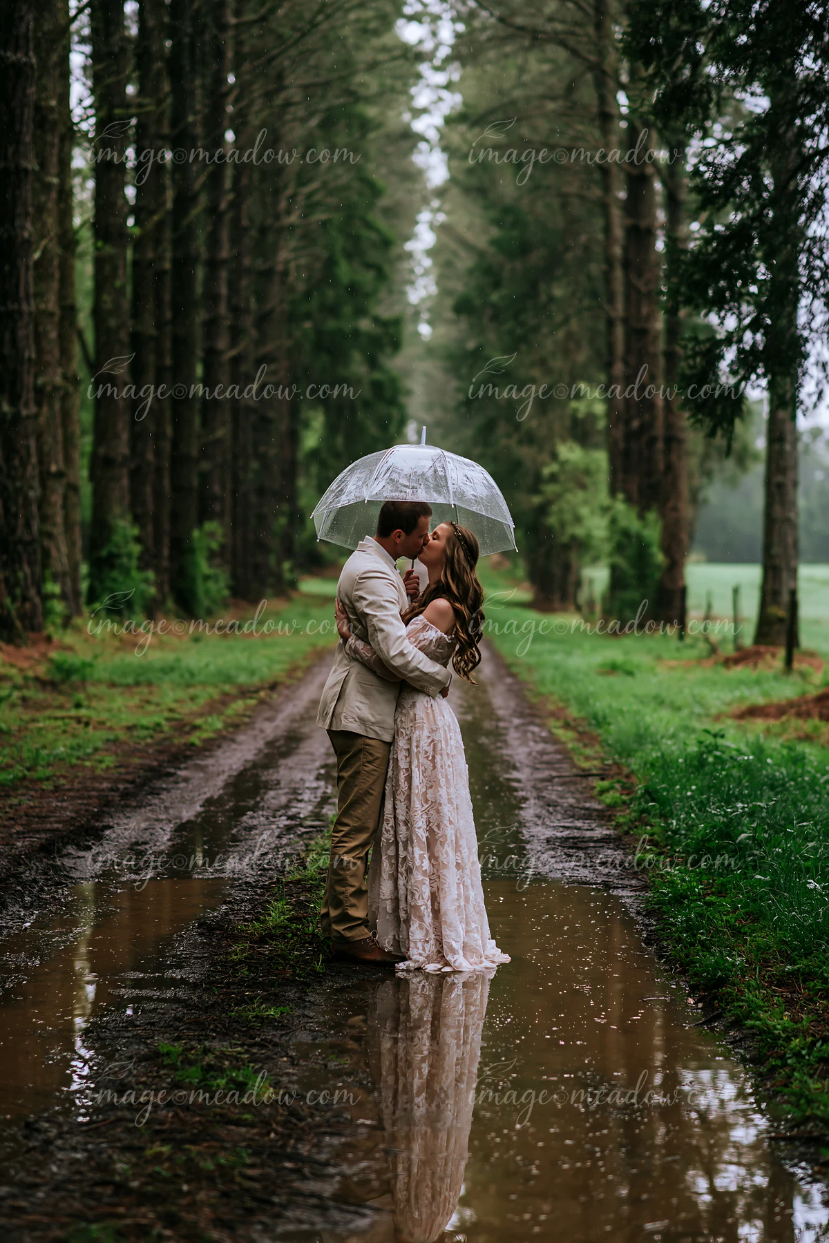 Couple kisses beneath a clear umbrella on a muddy forest road during rain.