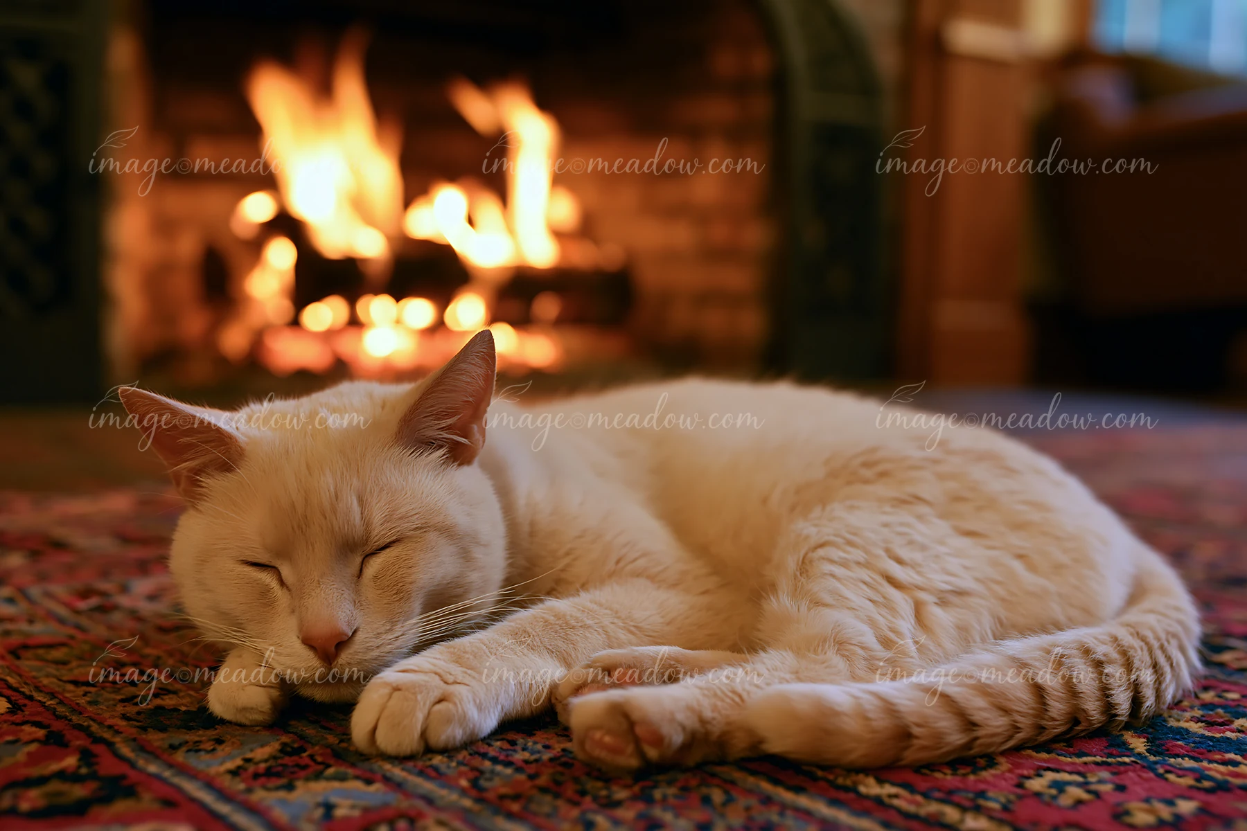 Cream-colored cat sleeping on a patterned rug beside a glowing fireplace at home.