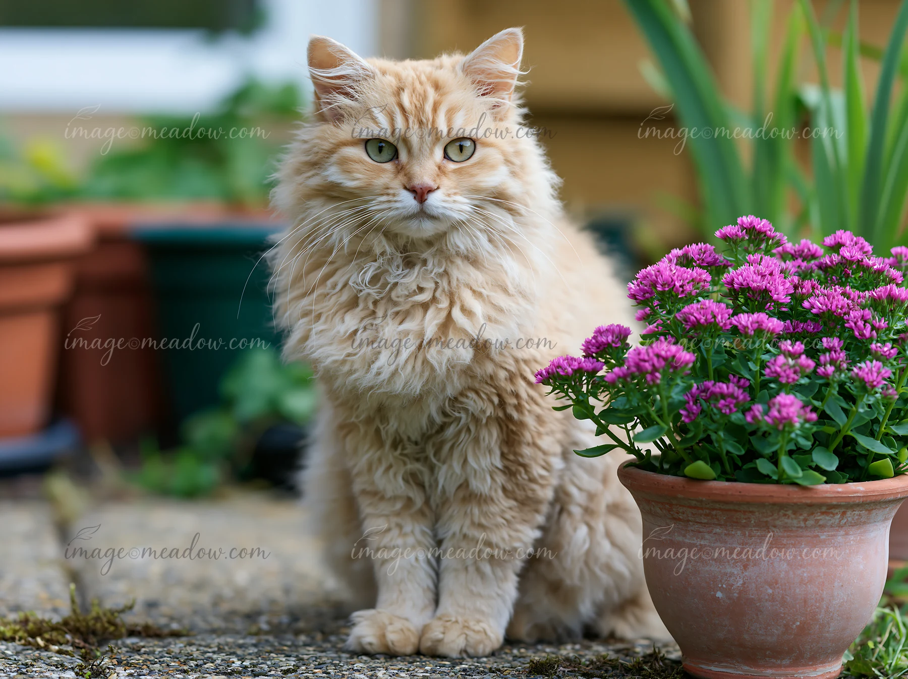Curly-coated cream LaPerm cat sitting beside a pink-flowering potted plant outdoors.