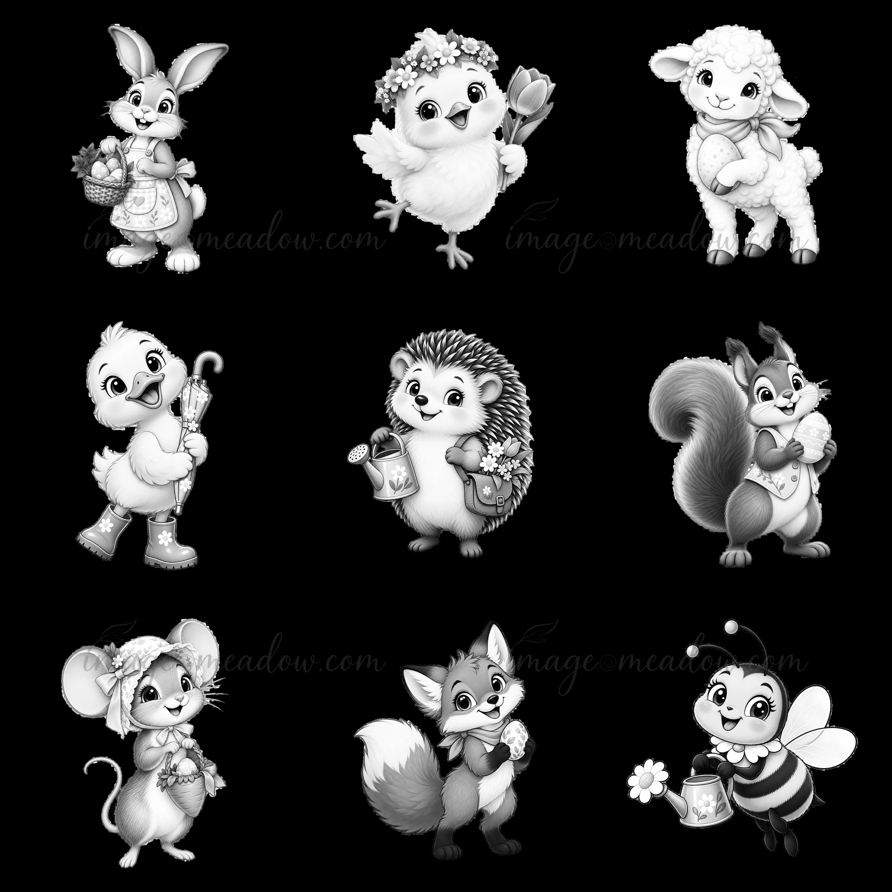 A grouping of nine cartoon animals in a meadow setting. Features a bunny, chick, lamb, hedgehog, squirrel, mouse, fox, and bee, each with unique items for Easte