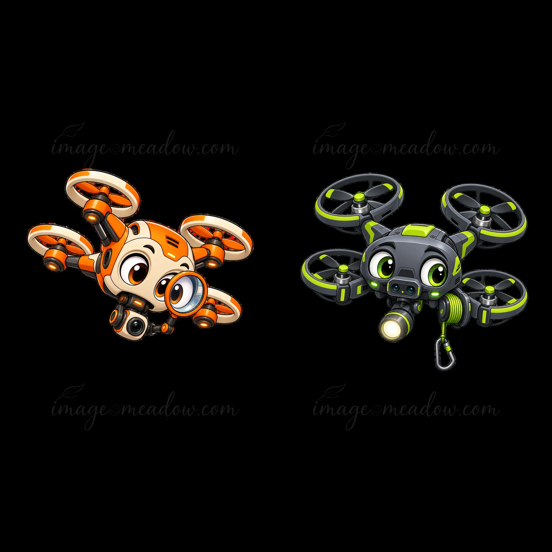 Two cartoon drones with fun designs and distinct features hover in the air. One has a playful orange color with big eyes and an accessory, while the other is a