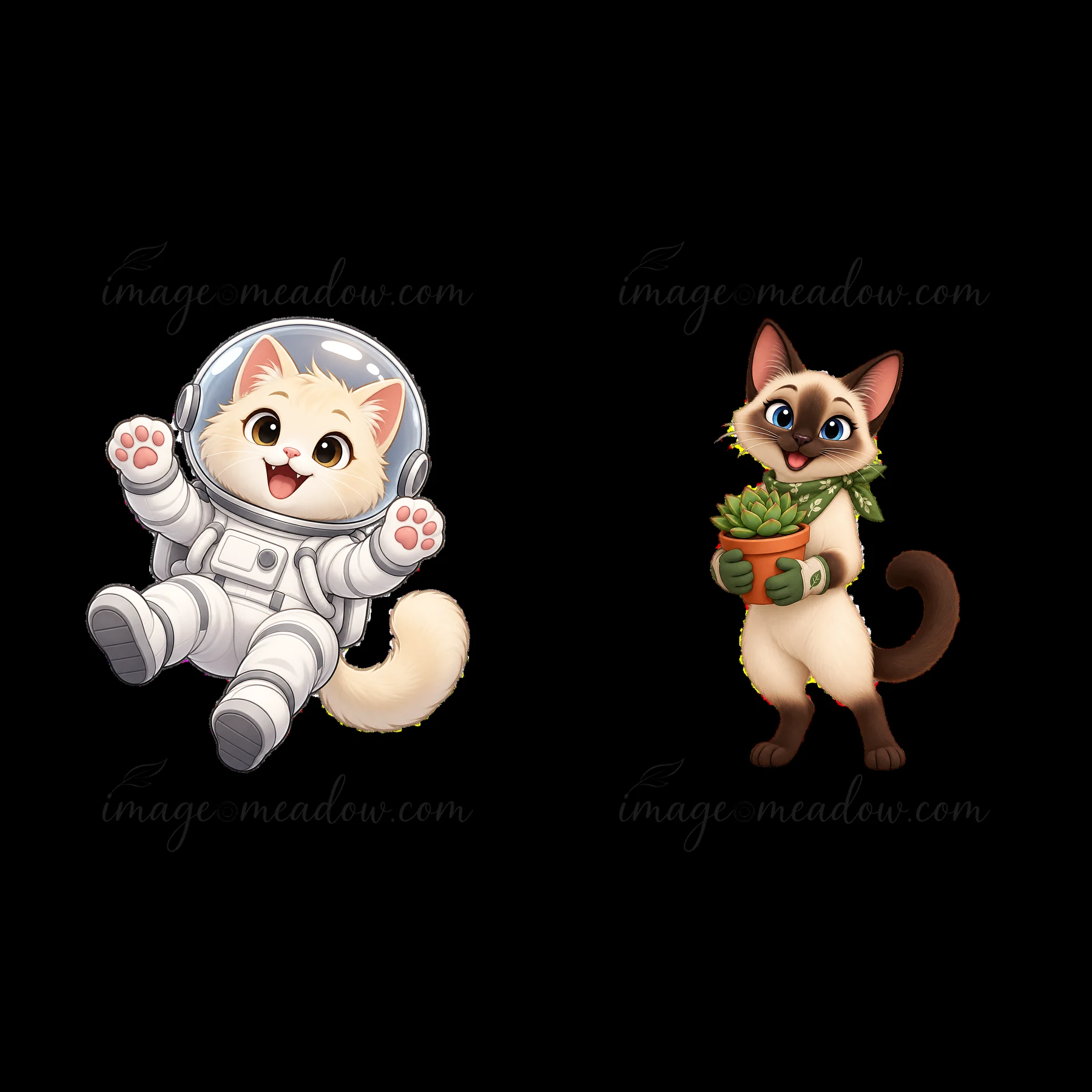 One cat in a space suit floats cheerfully while another cat holds a potted plant. Both characters are designed as cute cartoon stickers. They showcase fun expre