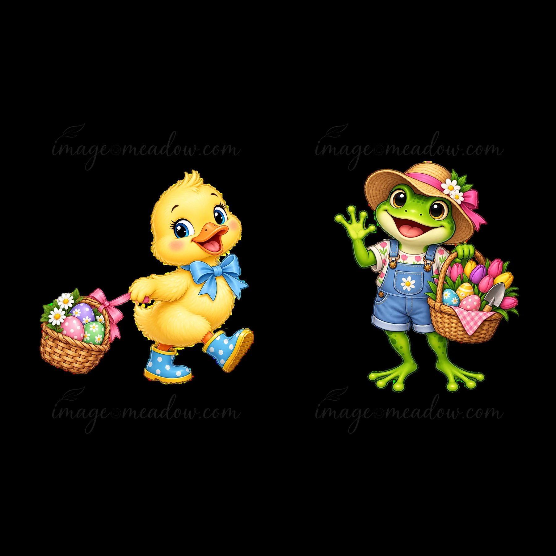 A cheerful chick walks while carrying a basket filled with Easter eggs. Next to it, a friendly frog waves, wearing a hat and holding a basket of flowers. Both c