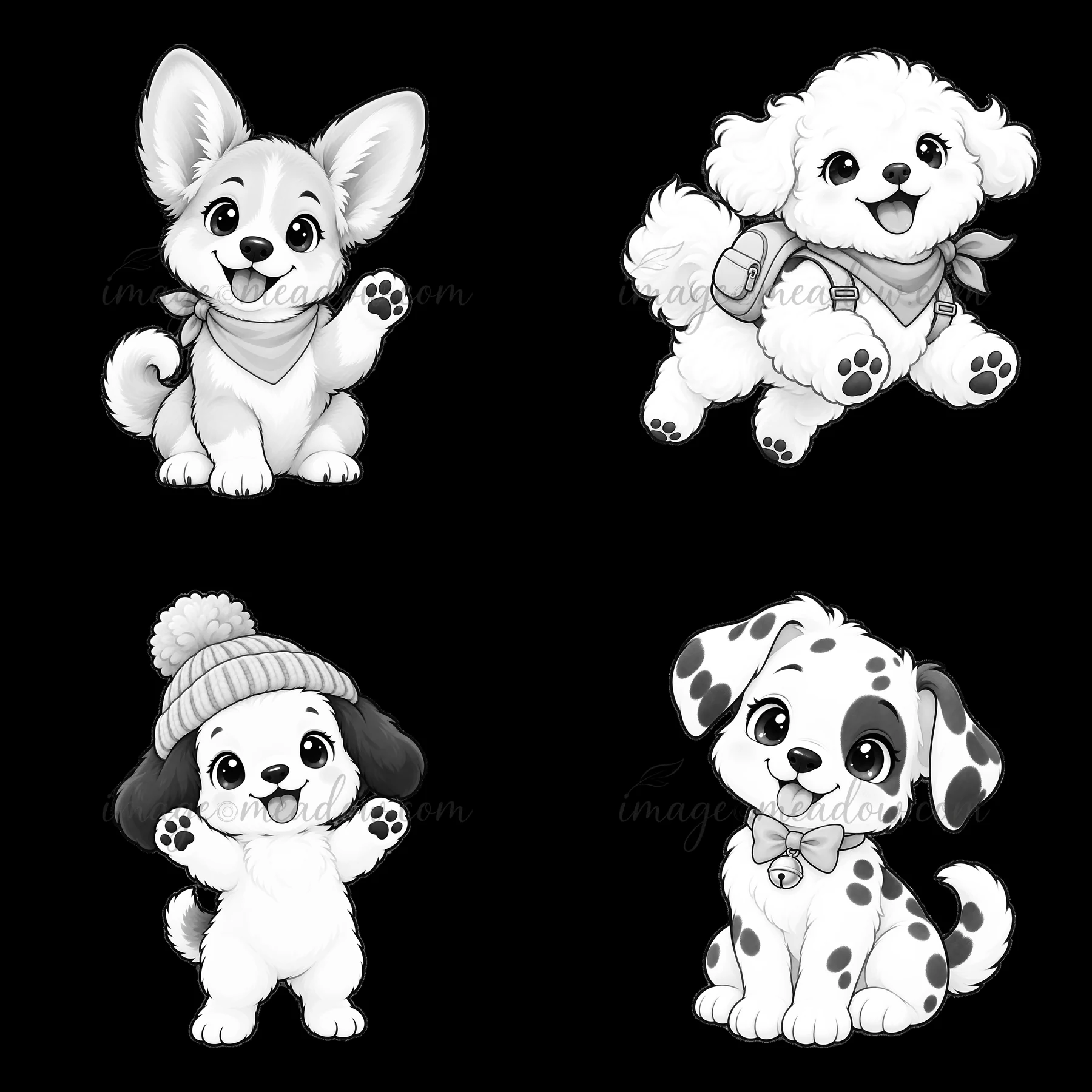 Four cartoon dog stickers show playful dogs. A corgi waves, a fluffy dog has a backpack, a small dog waves with a hat, and a spotted dog wears a bow tie. Each d