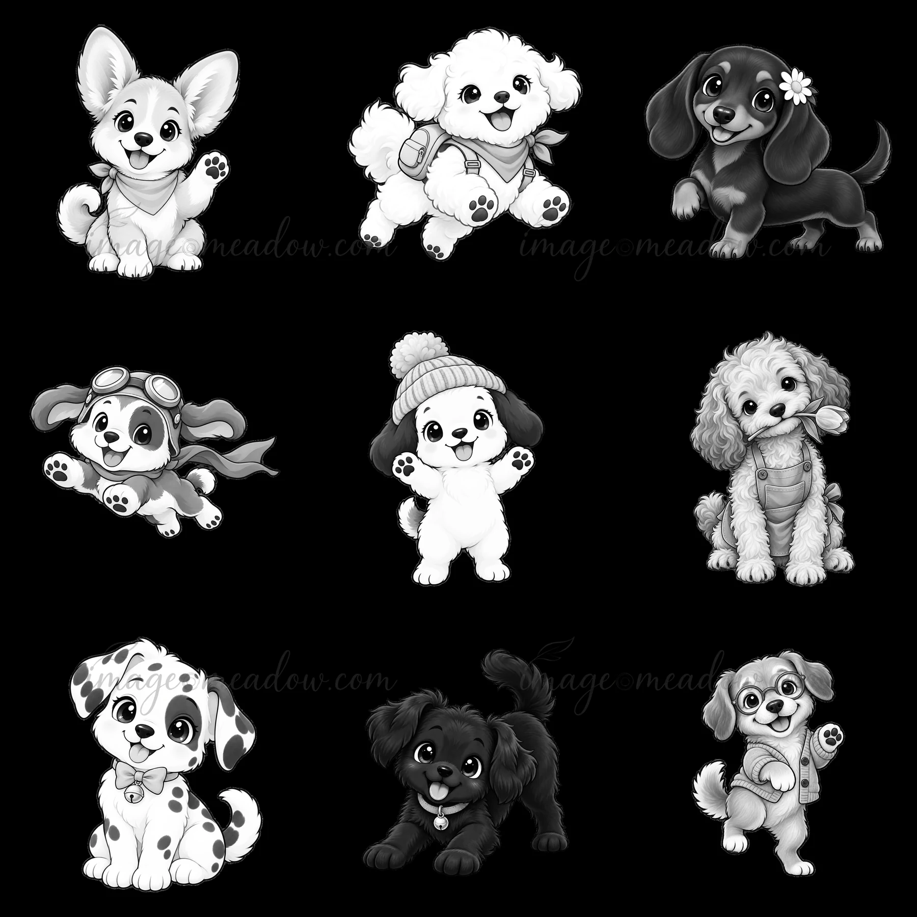 The illustration shows nine cartoon dog characters arranged in a 3x3 grid, featuring various breeds like Corgi, Poodle, Dachshund, and Dalmatian. Each dog has i