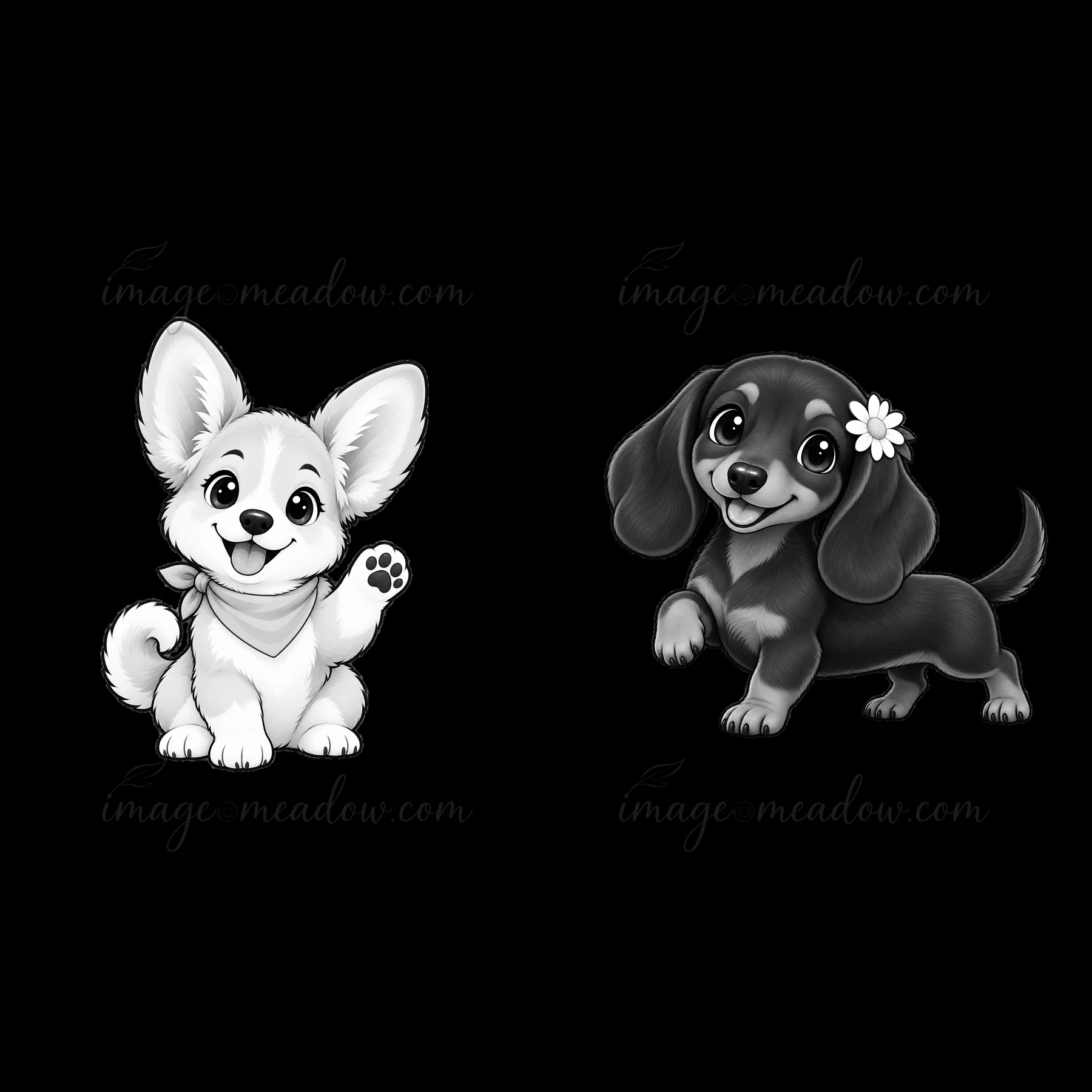 Two cartoon dog stickers are shown. The left features a cheerful corgi with a waving paw. The right shows a dachshund with a flower in its fur. Both are simple