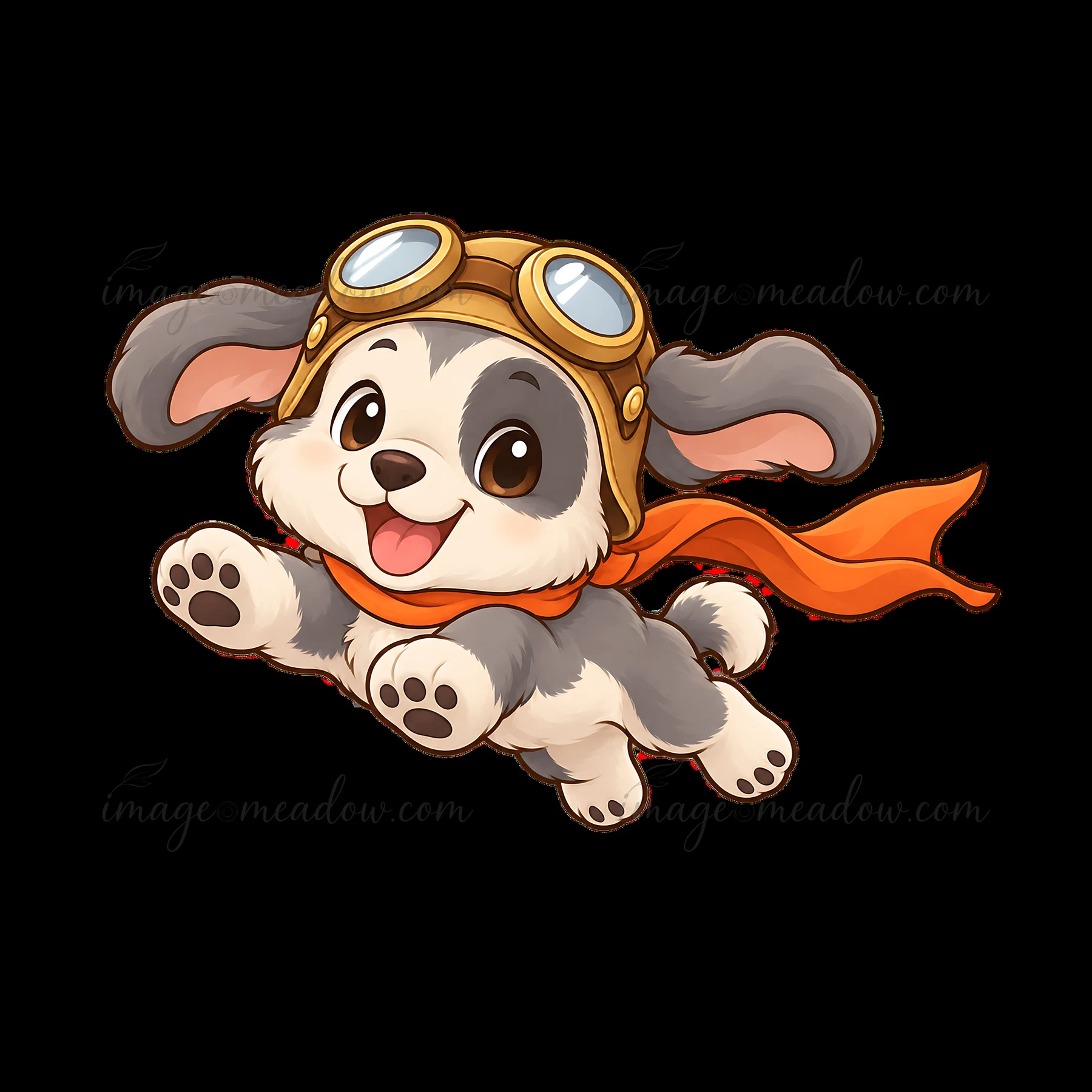 A playful dog is depicted with aviator goggles and an orange scarf, giving the impression of flying through the air. The dog has a happy expression, showcasing