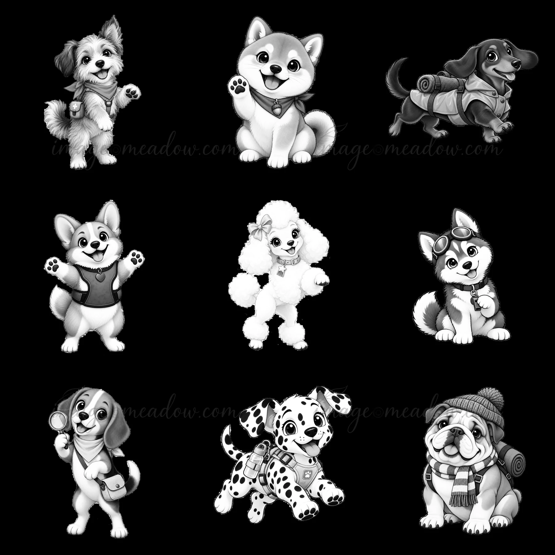 Nine cartoon K-9 dogs are shown in a 3x3 grid. Each dog has a unique pose and accessory, creating a fun and cheerful atmosphere with a monochrome style. Perfect