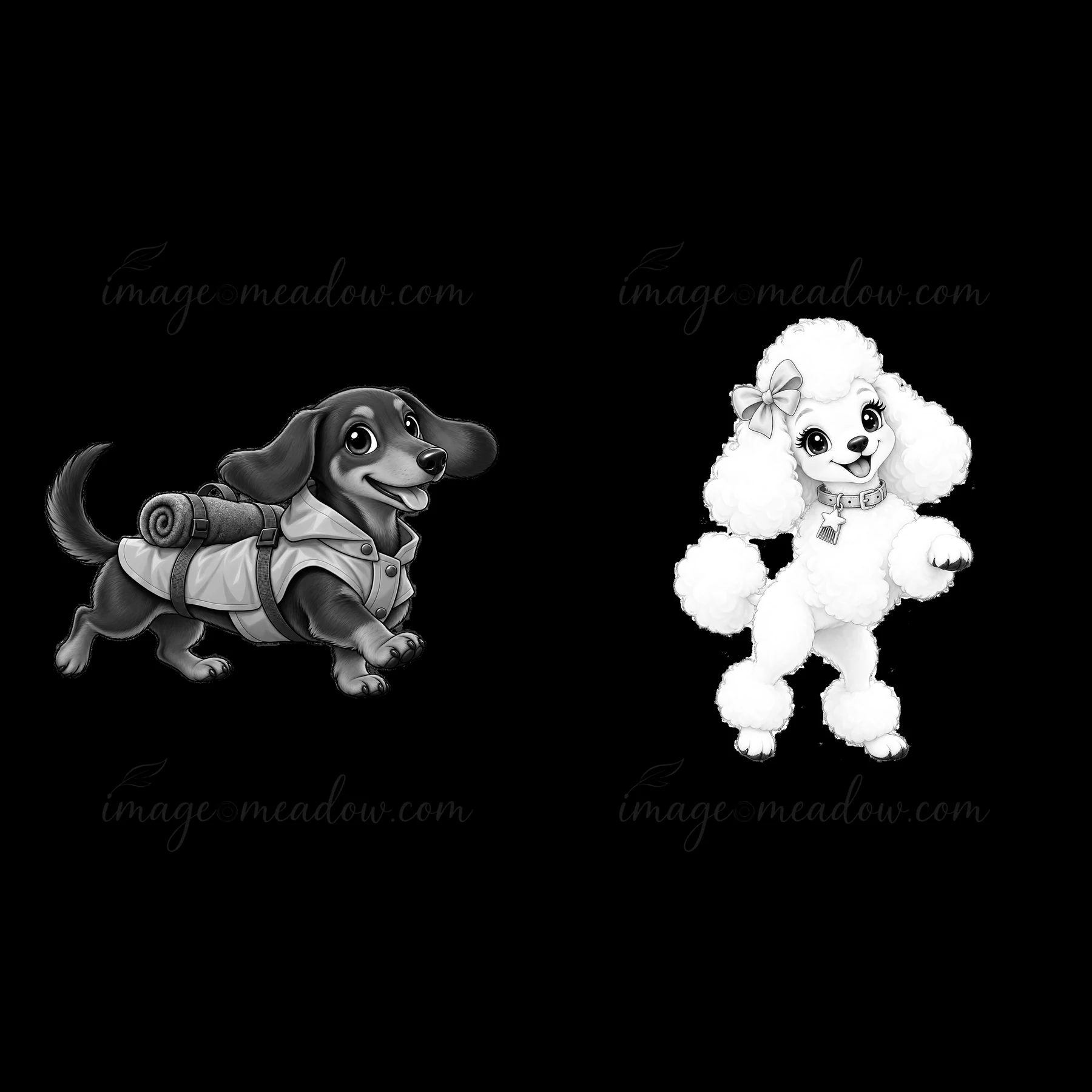 Two cartoon dogs are featured side by side. One is a happy dachshund with a backpack, while the other is a fluffy poodle wearing a bow. Both dogs are drawn in m
