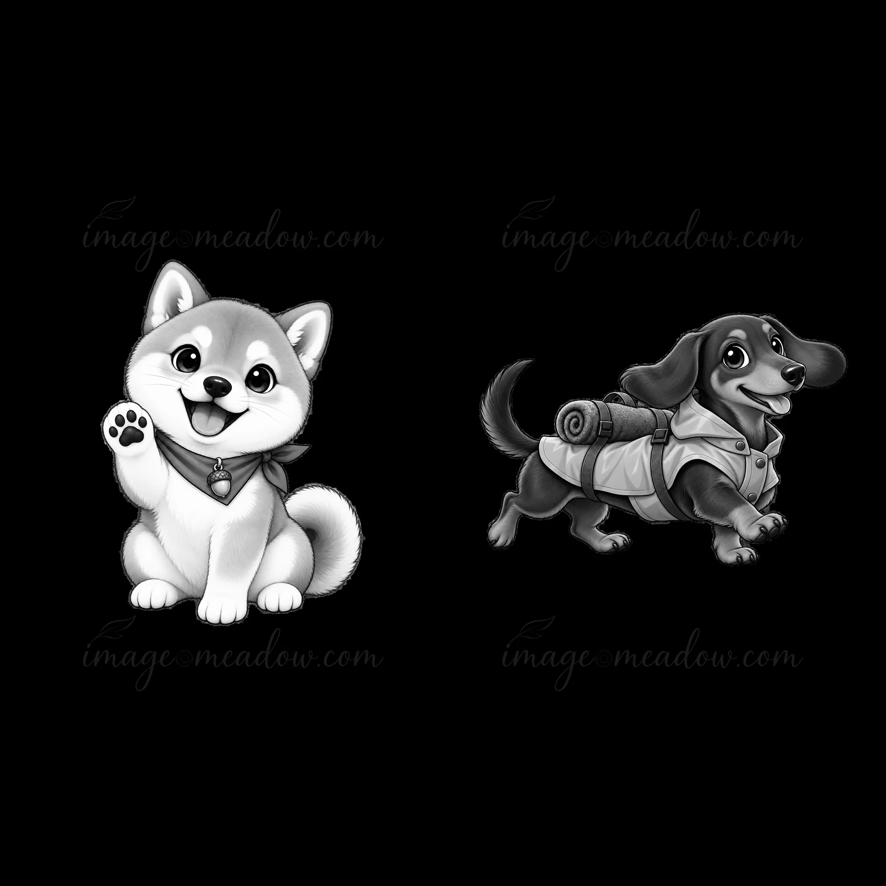 Two cartoon K-9 dogs are present. One dog is waving and wearing a scarf, while the other is smiling and carrying a backpack. The illustration features black-and
