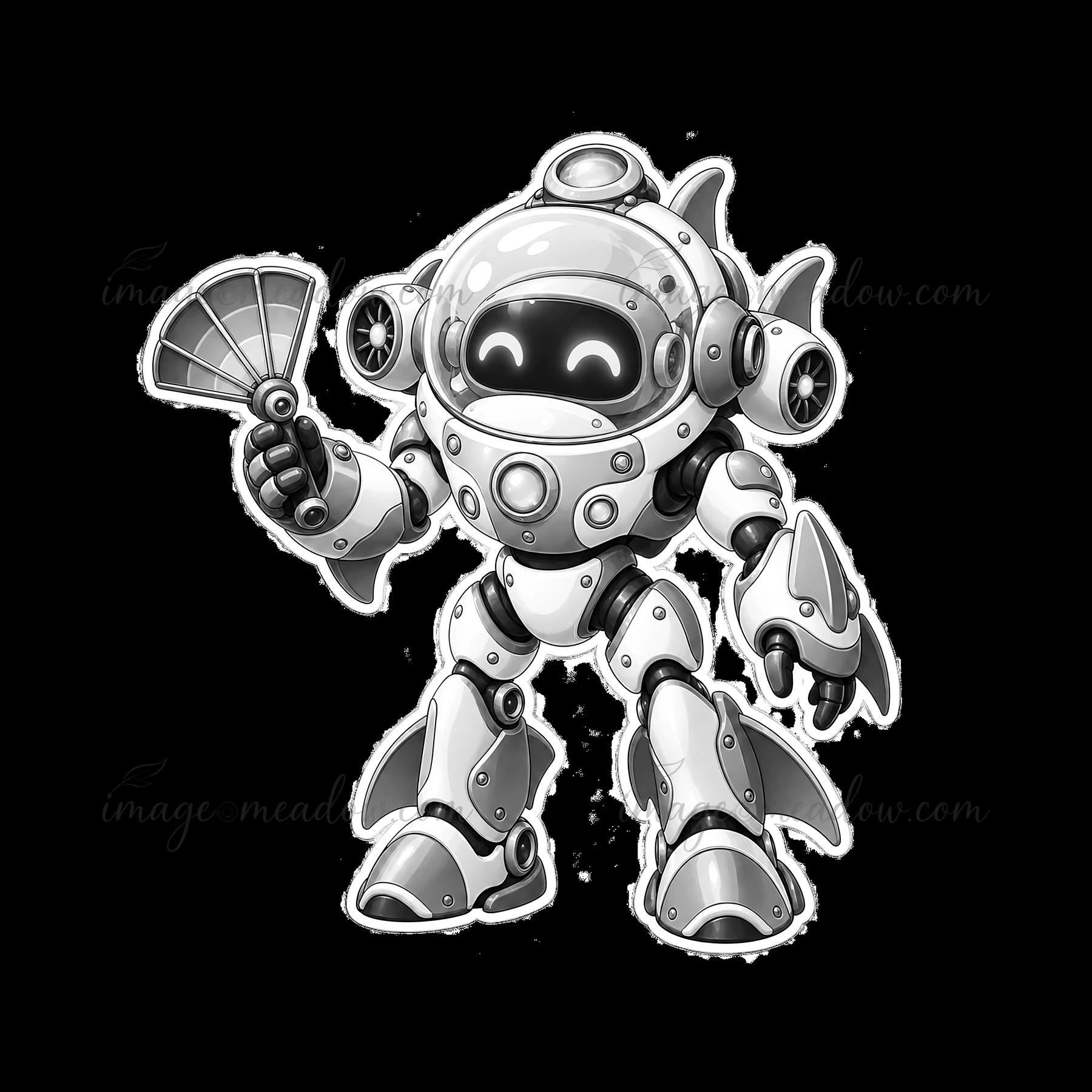 A mech robot character stands proudly, holding a fan in one hand. The design features round elements on its head and body. The robot's cheerful expression gives