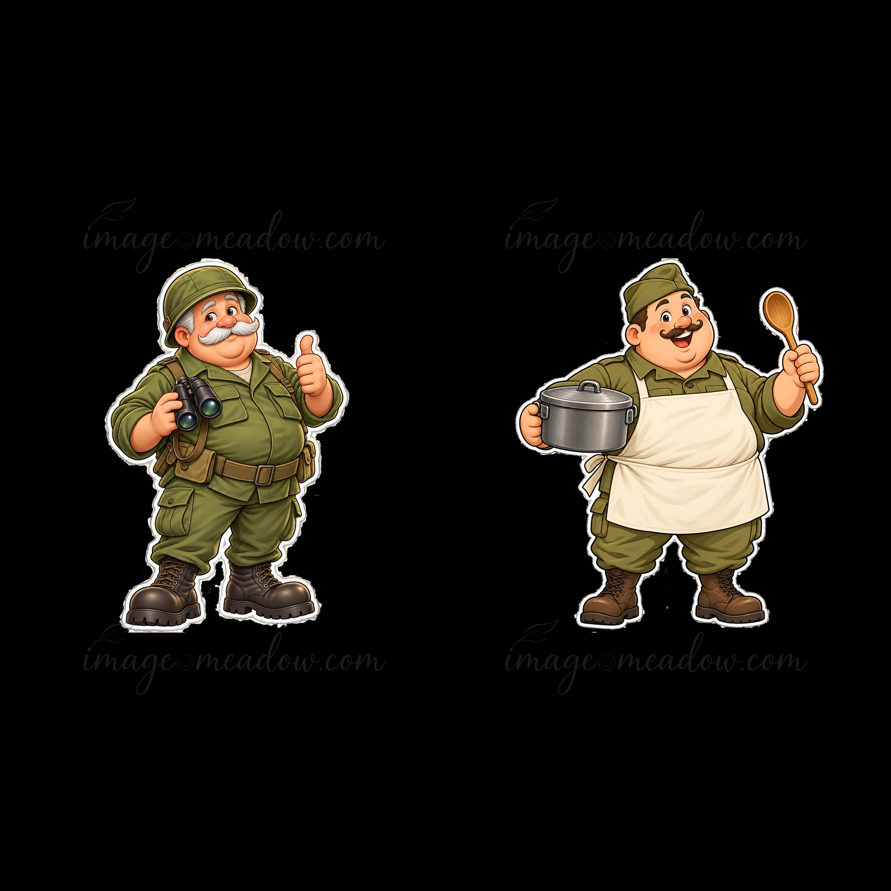 Two cartoon characters stand side by side. One soldier holds a camera and thumbs up. The other wears an apron and holds a spoon with a pot in his other hand. Th