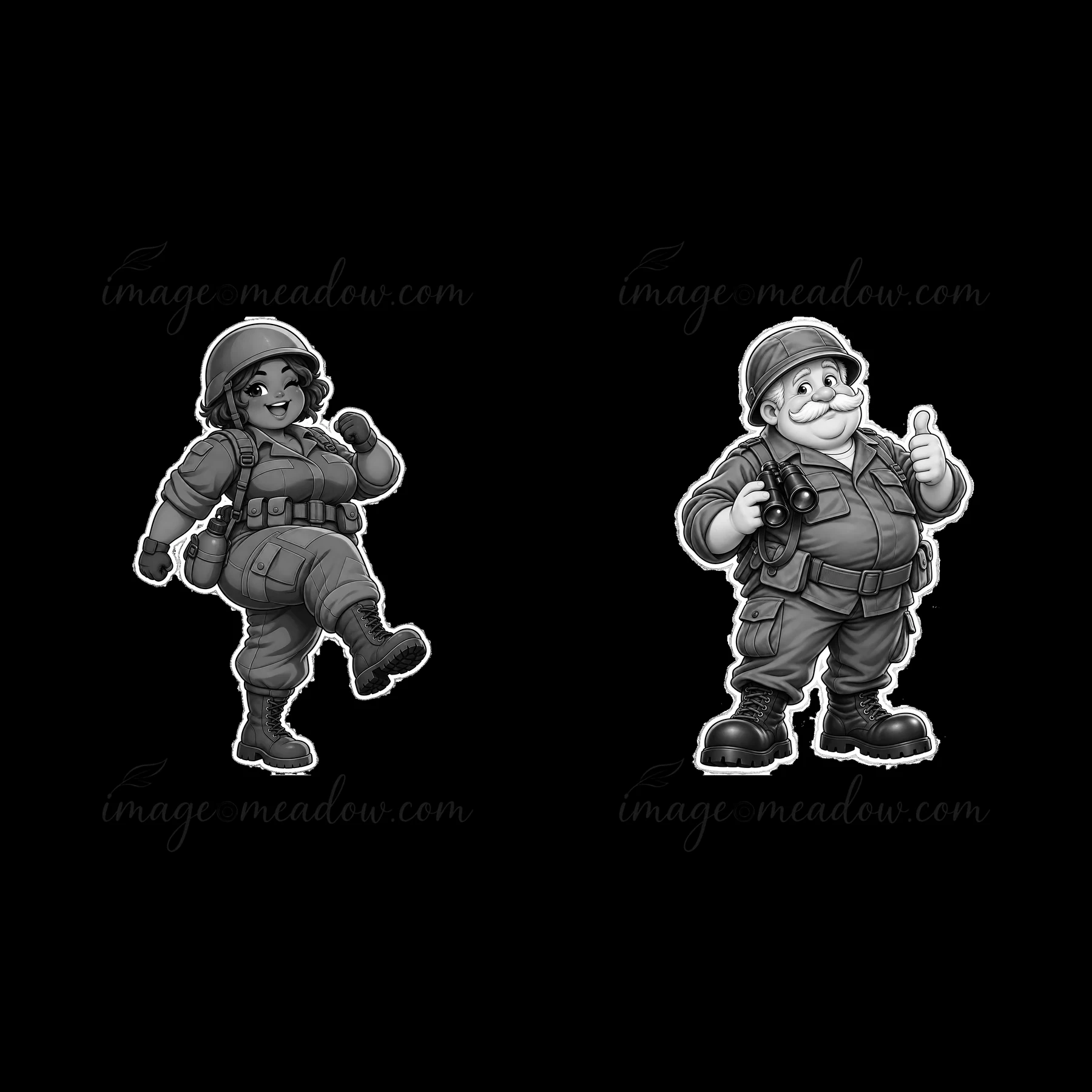 Two cartoon soldiers are shown in playful poses. The female soldier steps forward with one leg raised, while the male soldier gives a thumbs up. Both wear unifo