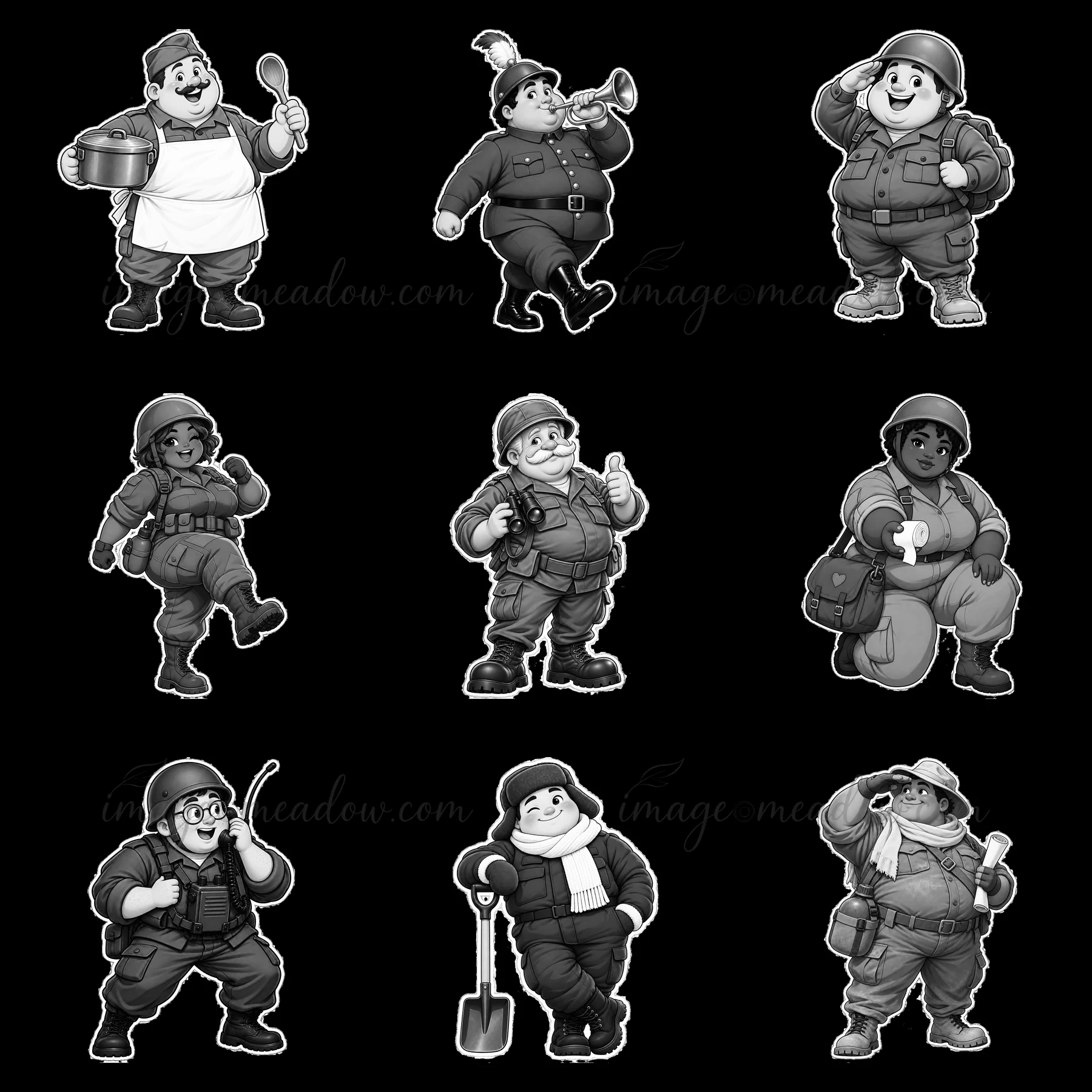 Nine chubby soldier characters are displayed in a 3x3 grid. Each soldier has a unique pose and accessory, showcasing different activities like cooking, playing