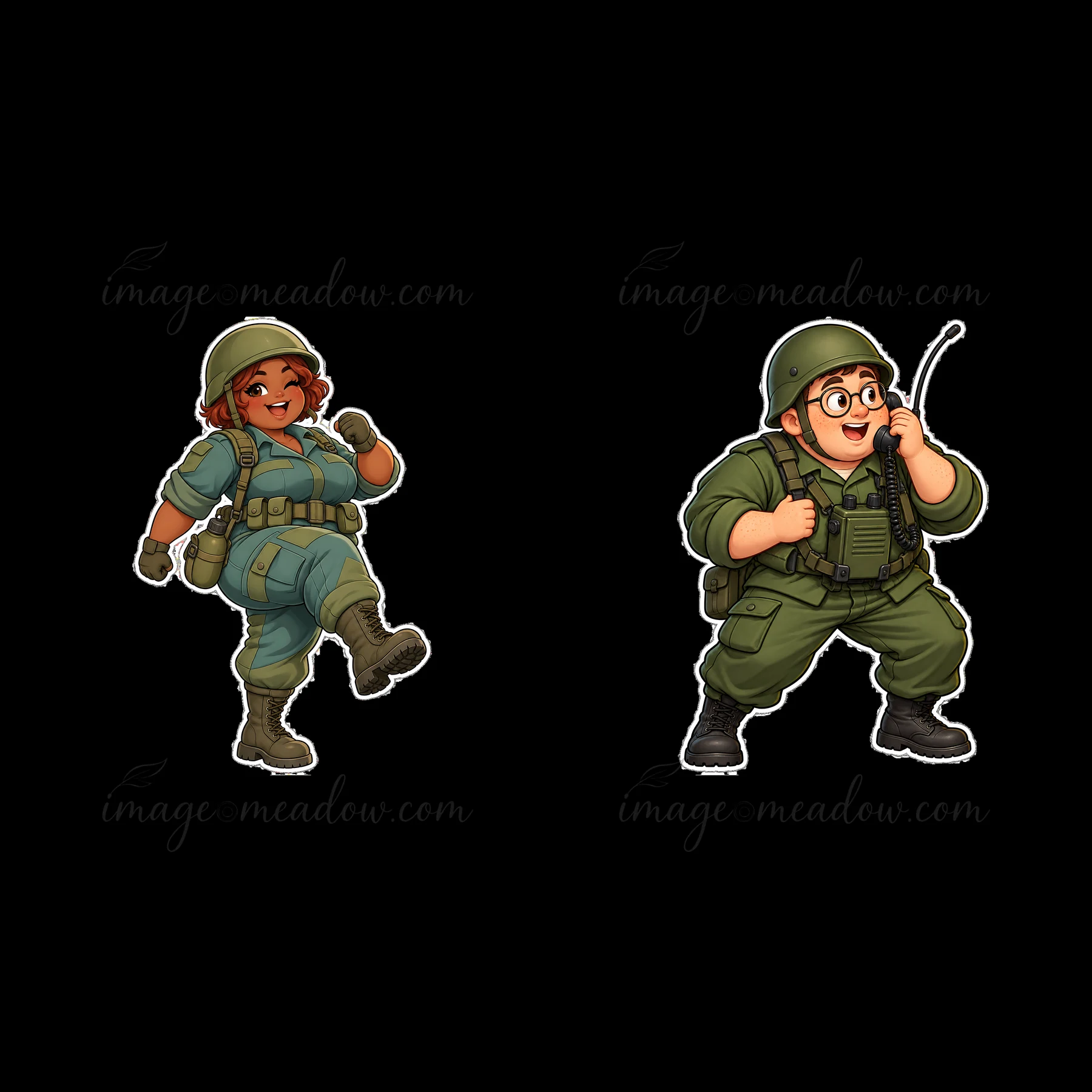 Two cartoon soldiers are shown in playful positions. The soldier on the left has curly hair and wears green gear. The soldier on the right wears glasses and gre